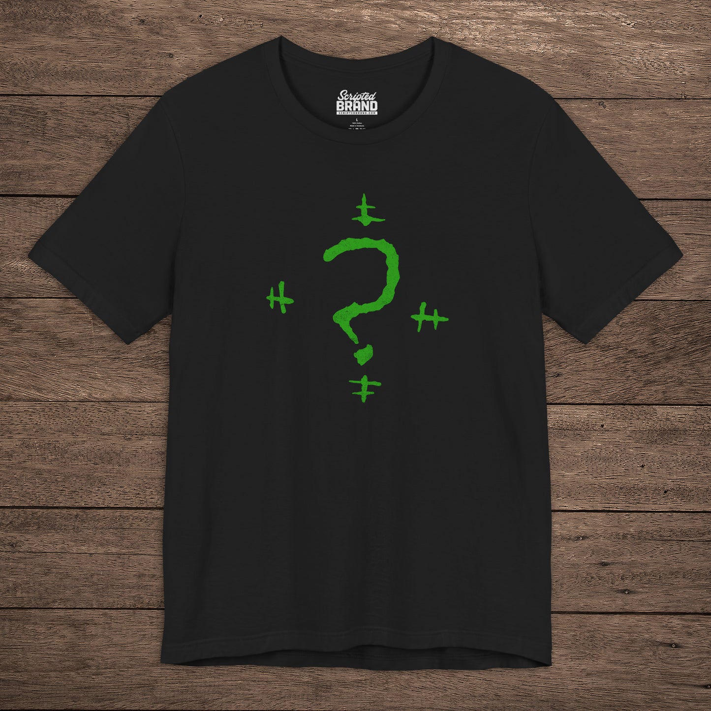Black t-shirt featuring the Riddler Question Mark logo from the movie The Batman in vintage distressed style.