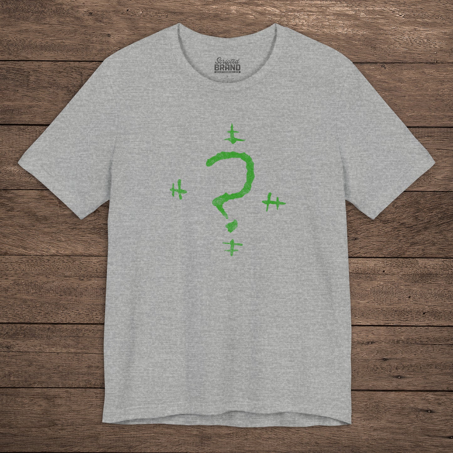 Athletic Heather Gray t-shirt featuring the Riddler Question Mark logo from the movie The Batman in vintage distressed style.