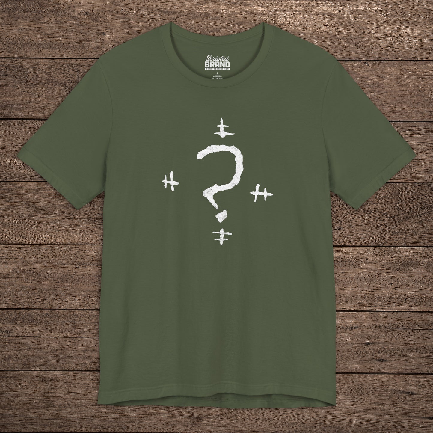 Military Green t-shirt featuring the Riddler Question Mark logo from the movie The Batman in vintage distressed style.