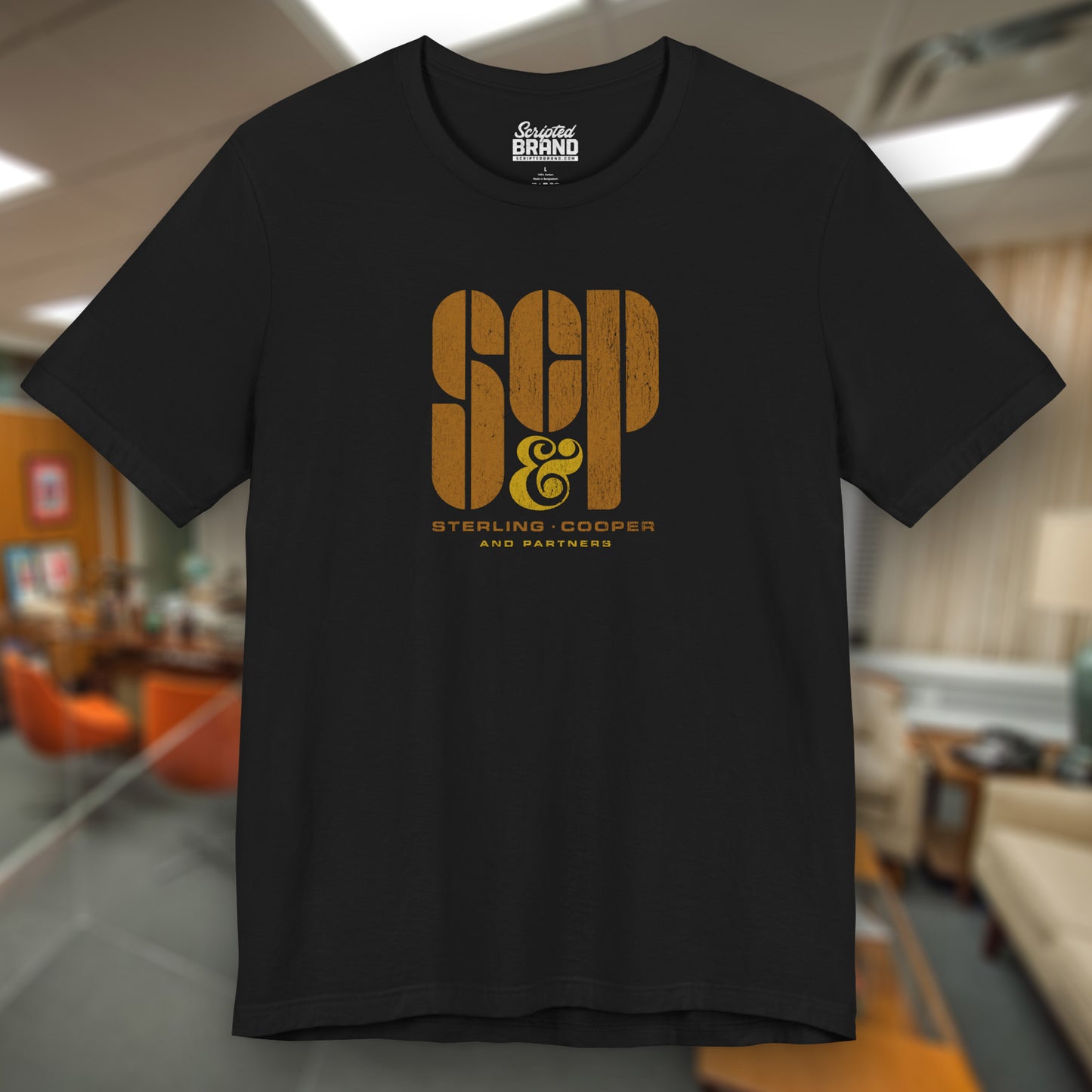 Front view of a black colored soft unisex Bella+Canvas 3001 short-sleeve t-shirt featuring the Sterling Cooper & Partners logo graphic from the TV Show Mad Men in a vintage distressed style, sold by ScriptedBrand.
