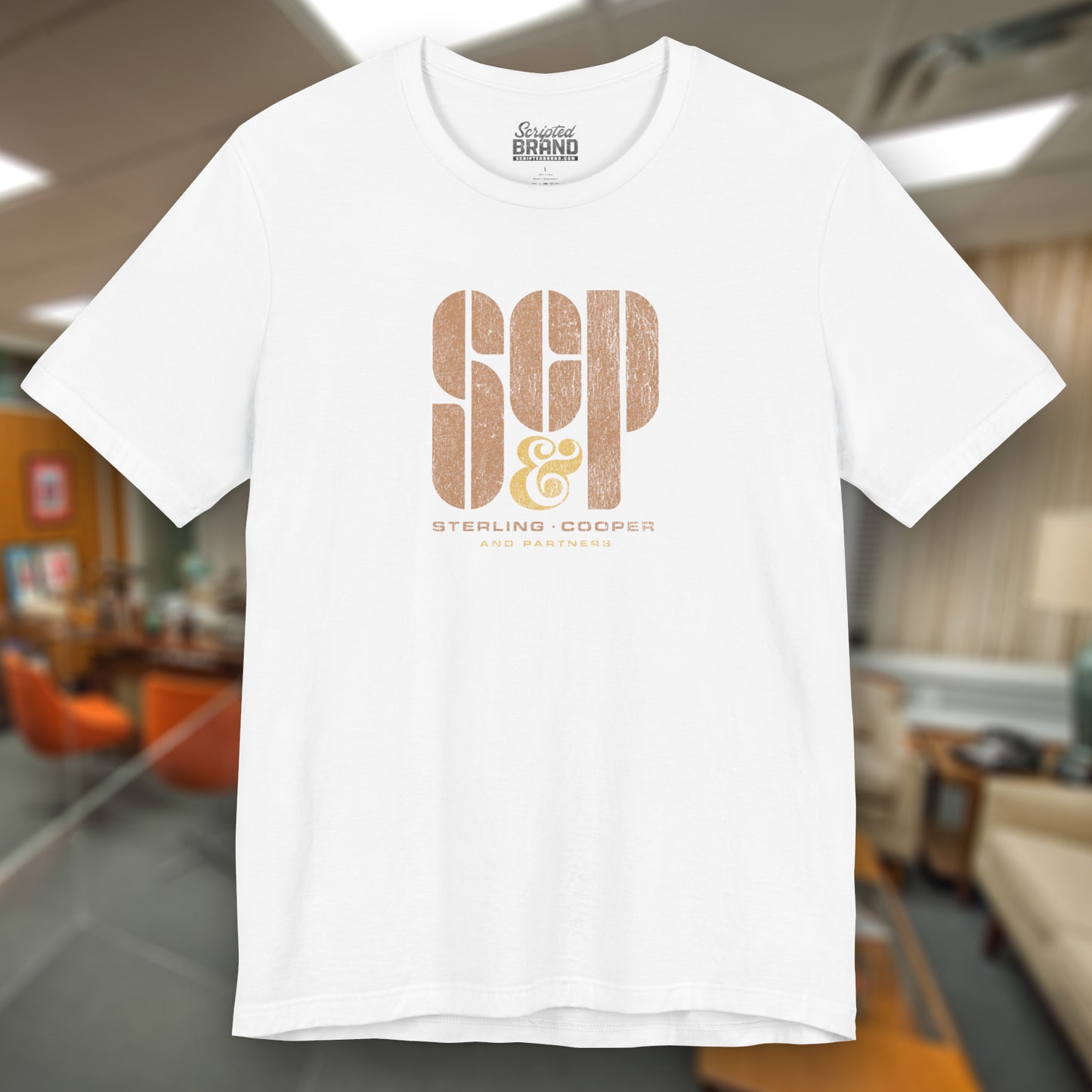 Front view of a white colored soft unisex Bella+Canvas 3001 short-sleeve t-shirt featuring the Sterling Cooper & Partners logo graphic from the TV Show Mad Men in a vintage distressed style, sold by ScriptedBrand.