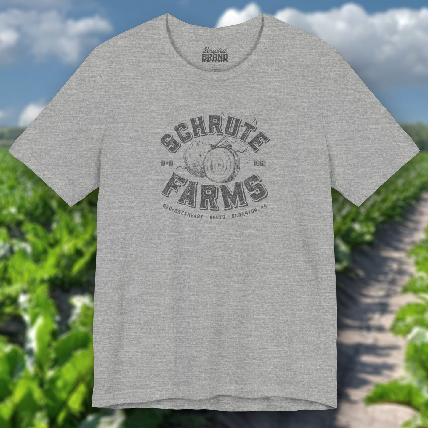 Heather gray t-shirt featuring a Schrute Farms logo from the TV show The Office designed by ScriptedBrand in a vintage distressed style.
