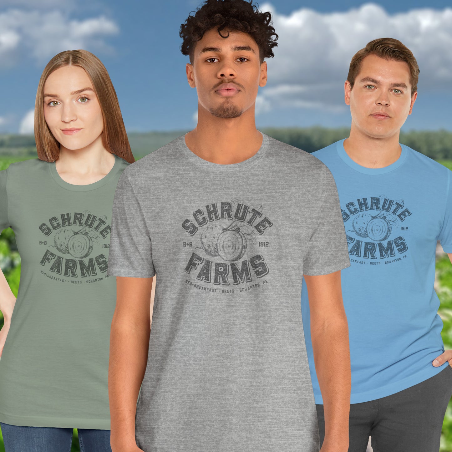Three people wearing t-shirts featuring a Schrute Farms logo from the TV show The Office designed by ScriptedBrand in a vintage distressed style.