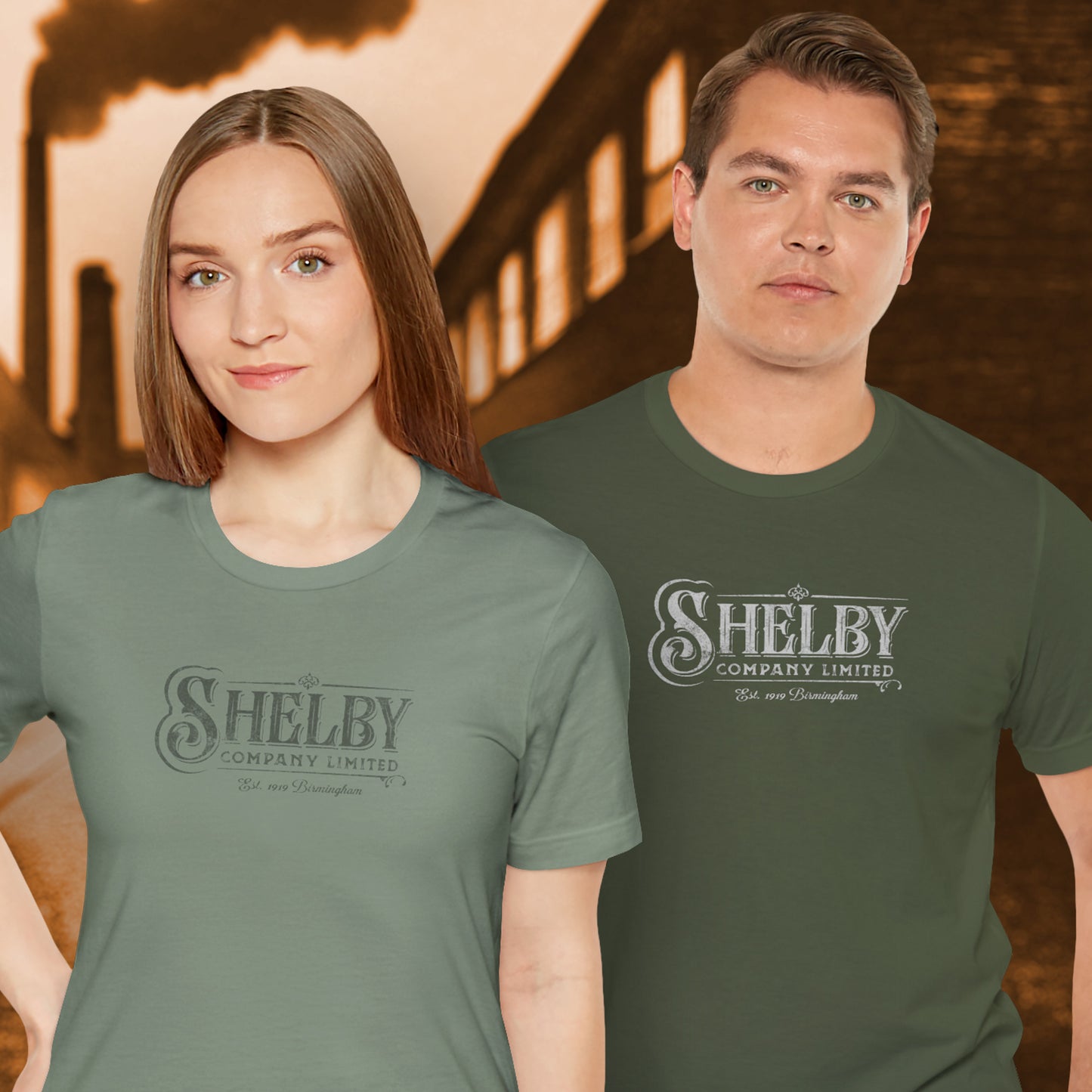2 models wearing military green and sage soft short-sleeve Bella+Canvas 3001 t-shirts featuring the Shelby Company Limited logo from the show Peaky Blinders in a vintage distressed style, sold by ScriptedBrand.