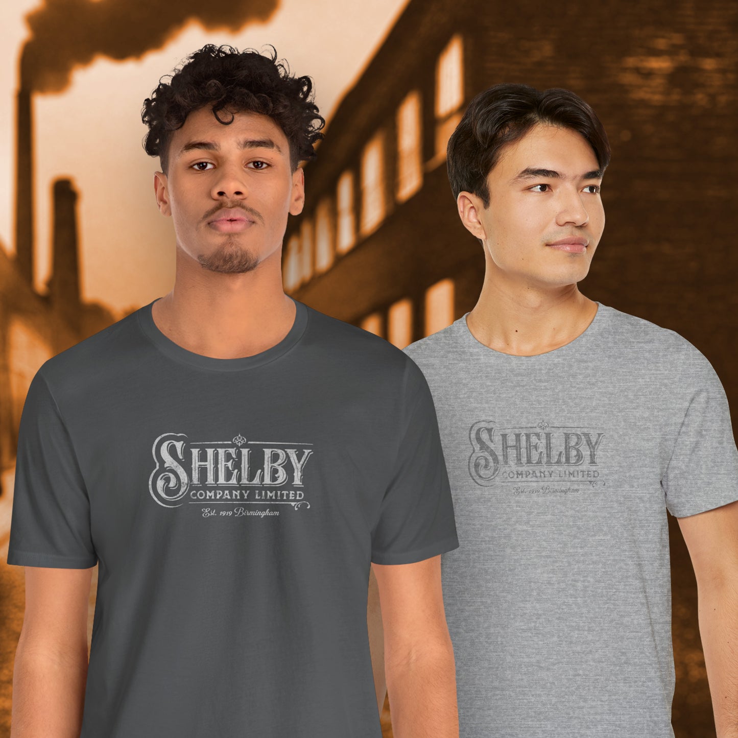 2 male models wearing asphalt gray and athletic heather soft short-sleeve Bella+Canvas 3001 t-shirts featuring the Shelby Company Limited logo from the show Peaky Blinders in a vintage distressed style, sold by ScriptedBrand.