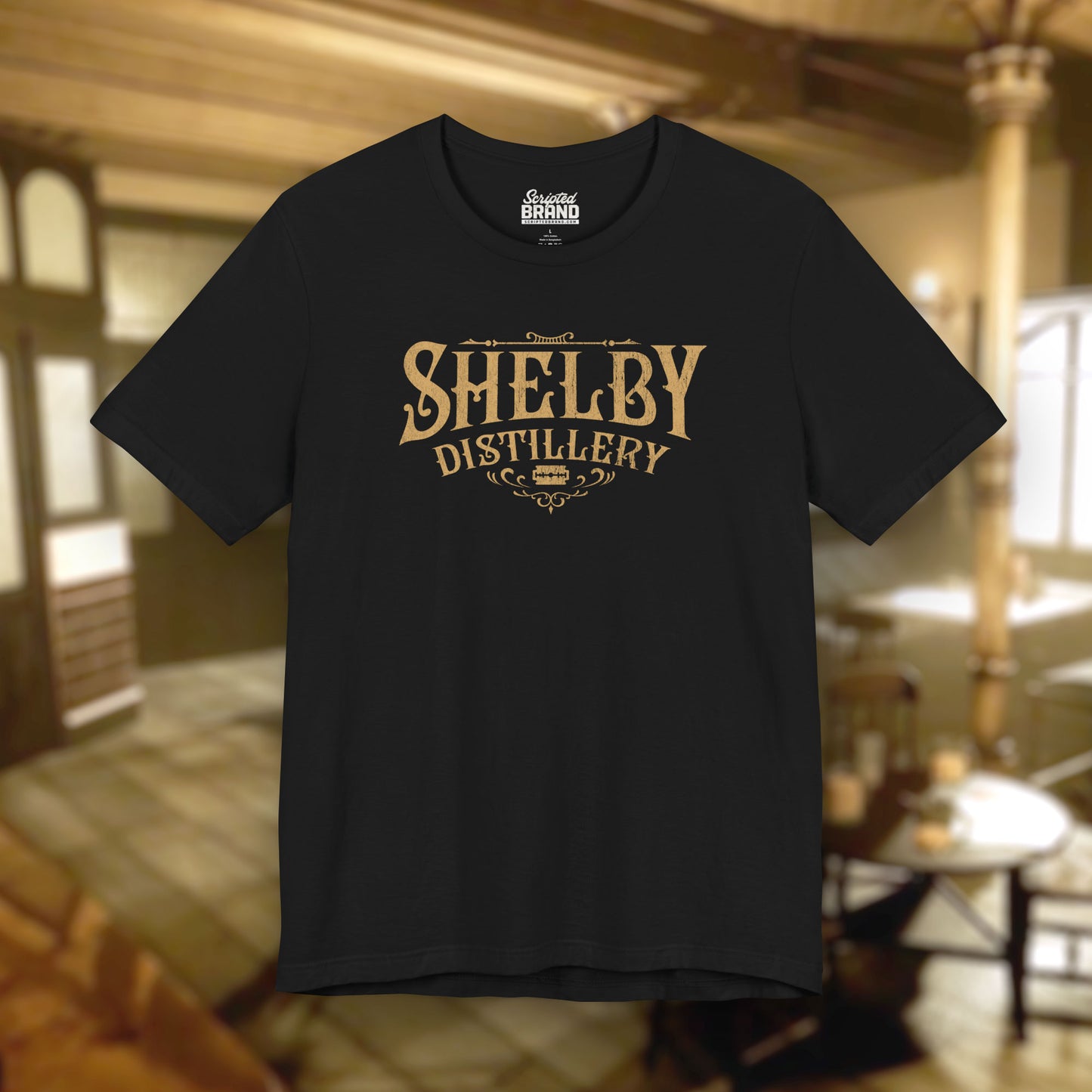 Front view of a black Soft Bella+Canvas 3001 short-sleeve t-shirt featuring the Shelby Company Limited Distillery Logo Graphic inspired by the TV show and movie Peaky Blinders in a vintage distressed style, sold by ScriptedBrand.