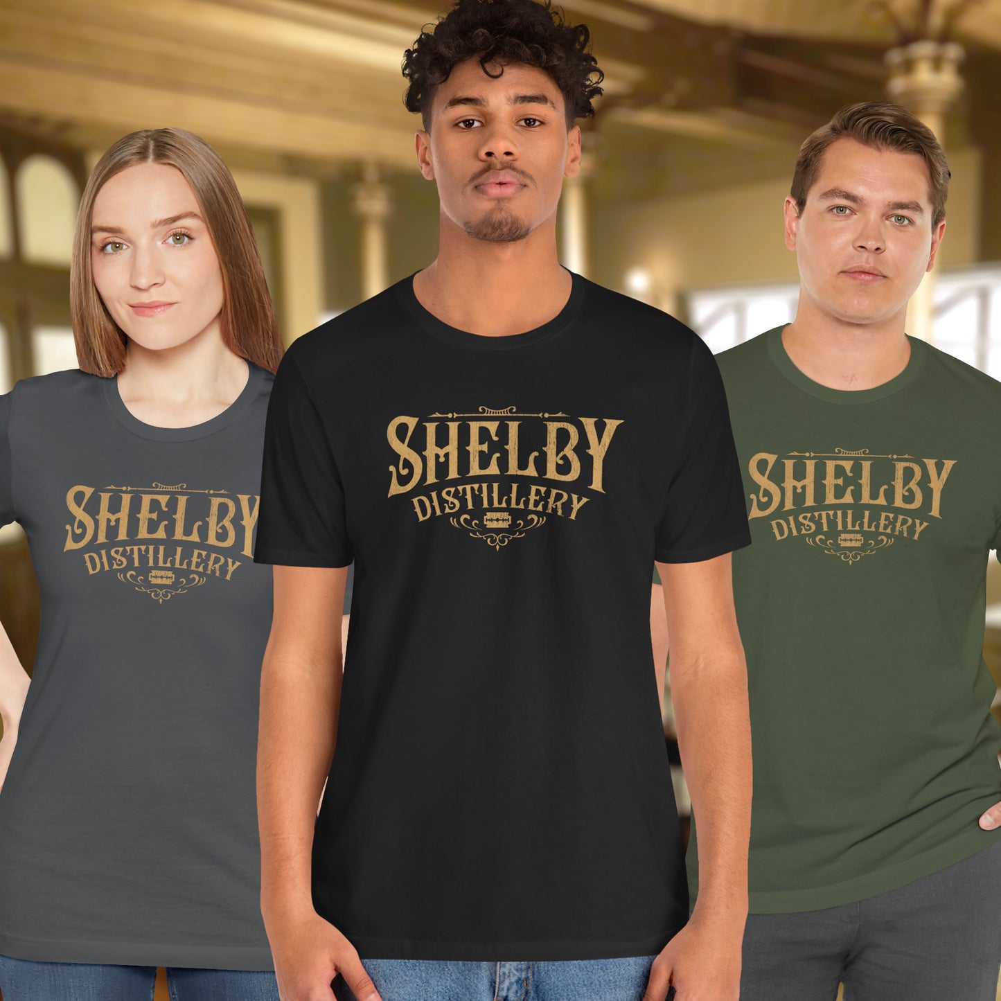 3 models wearing Soft Bella+Canvas 3001 short-sleeve t-shirts featuring the Shelby Company Limited Distillery Logo Graphic inspired by the TV show and movie Peaky Blinders in a vintage distressed style, sold by ScriptedBrand.