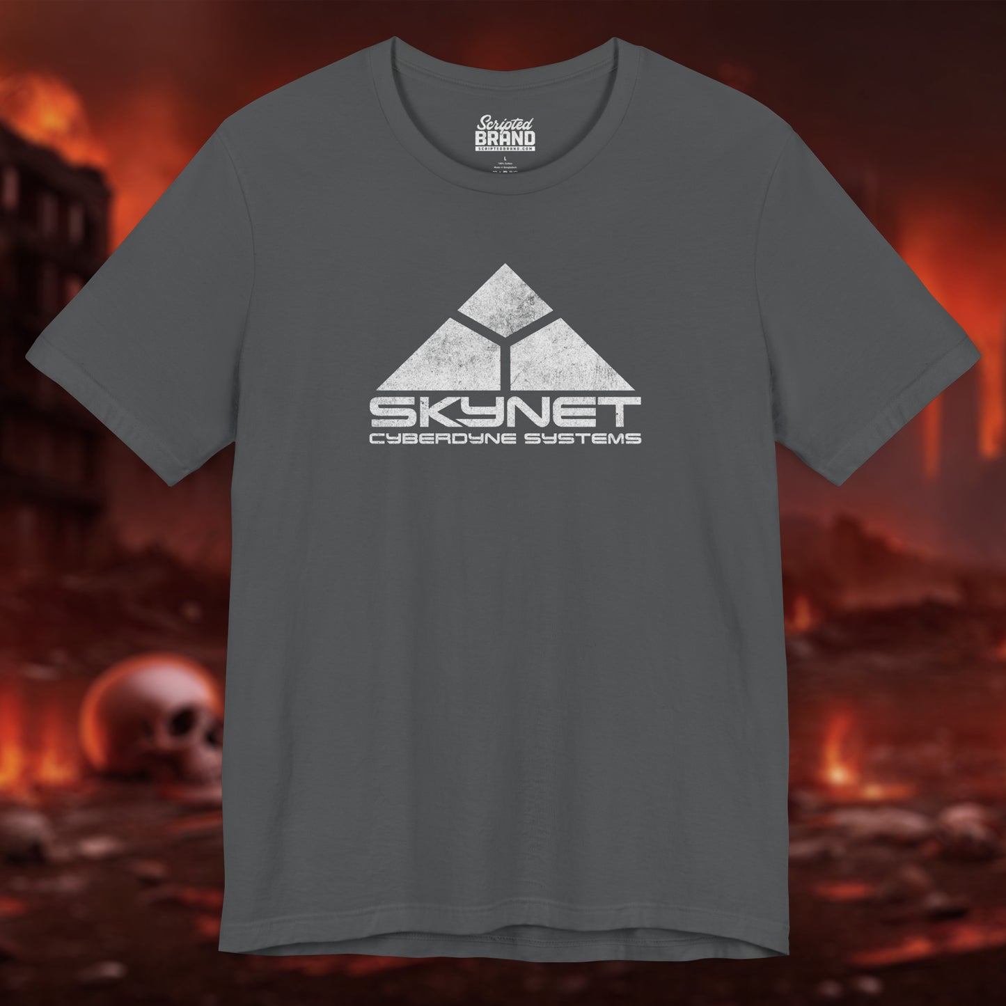 Asphalt Gray t-shirt featuring the fictional logo Skynet Cyberdyne Systems from the movie The Terminator in a vintage distressed style.