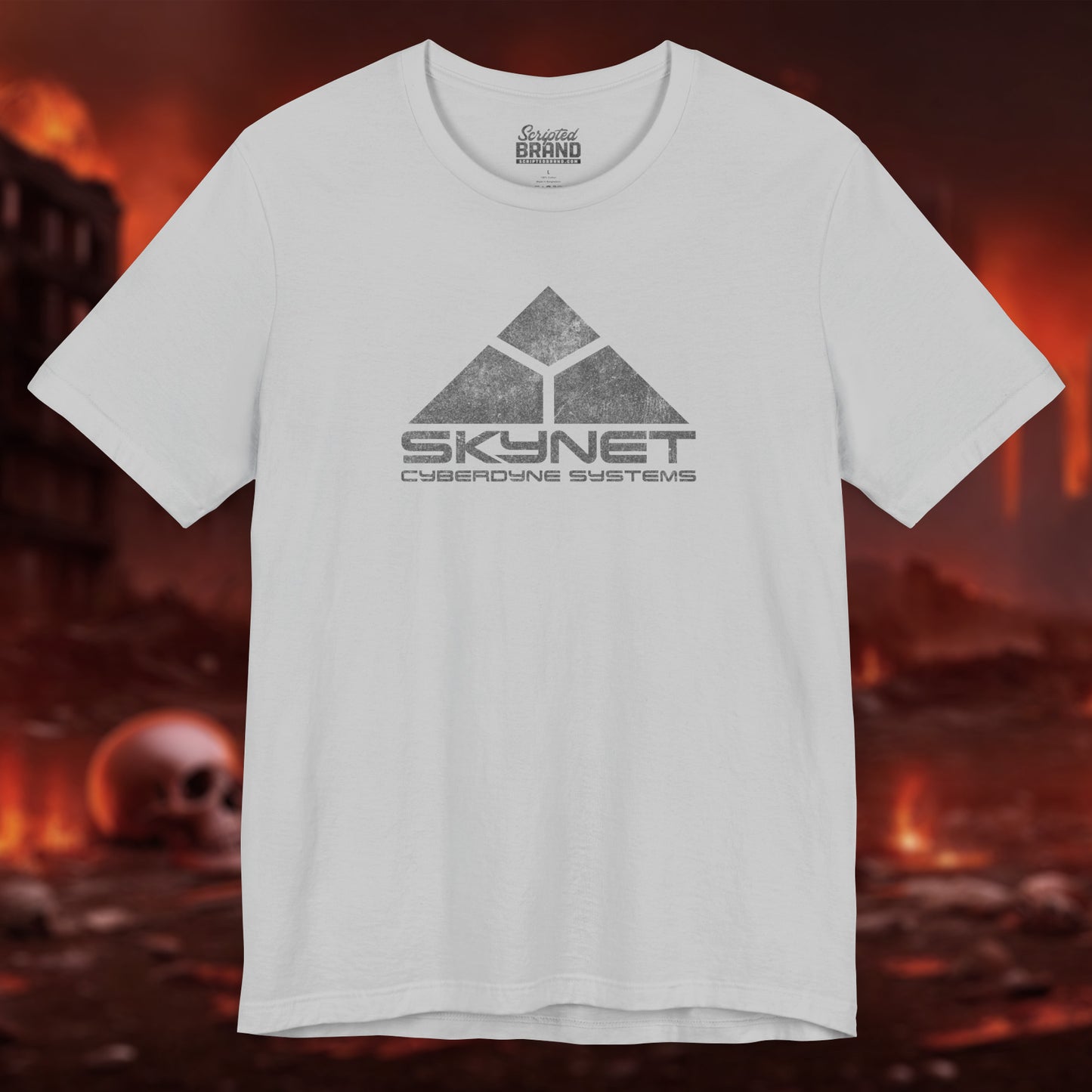 Athletic Gray t-shirt featuring the fictional logo Skynet Cyberdyne Systems from the movie The Terminator in a vintage distressed style.