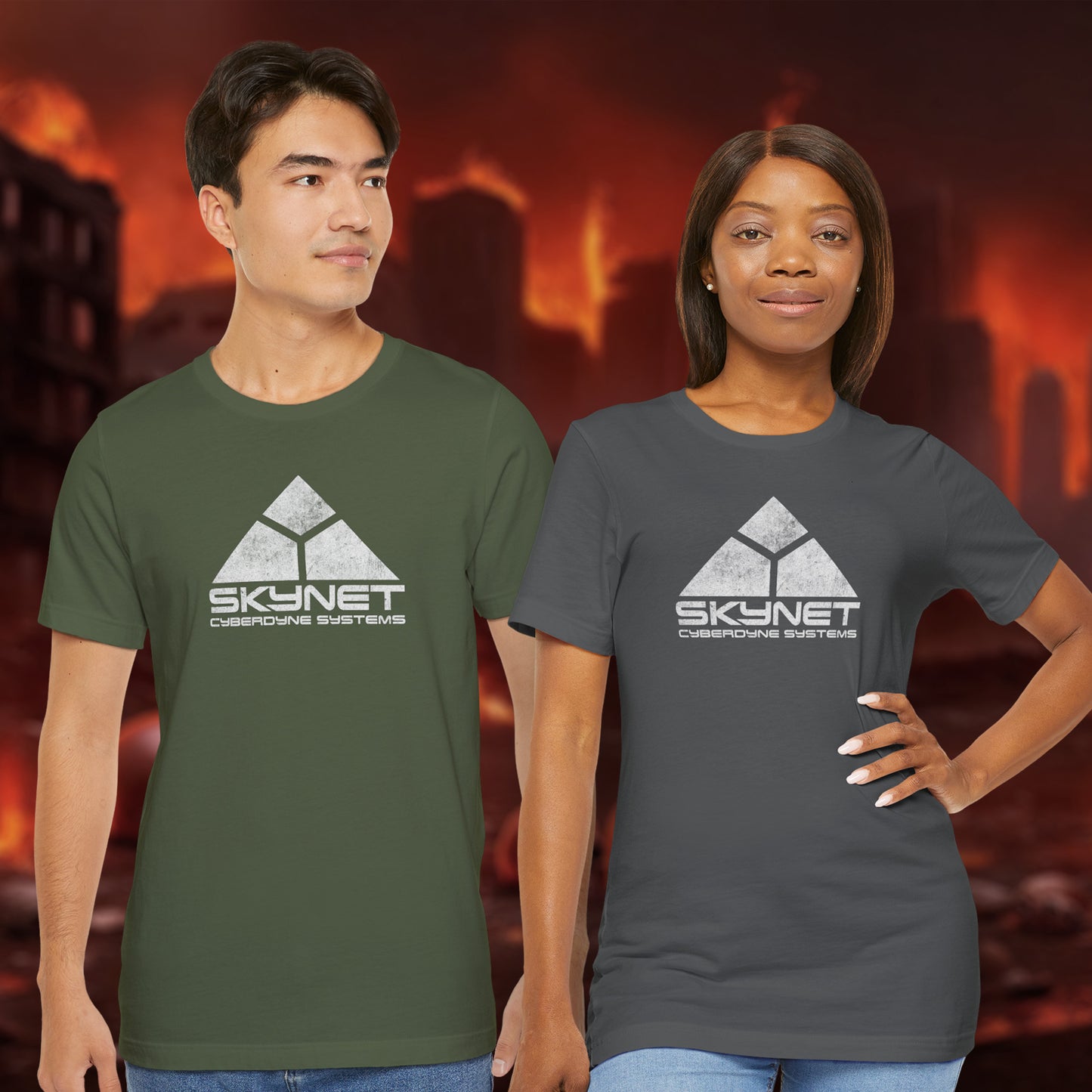 Two people wearing 'Skynet Cybernetic Systems' t-shirts with a dystopian background.