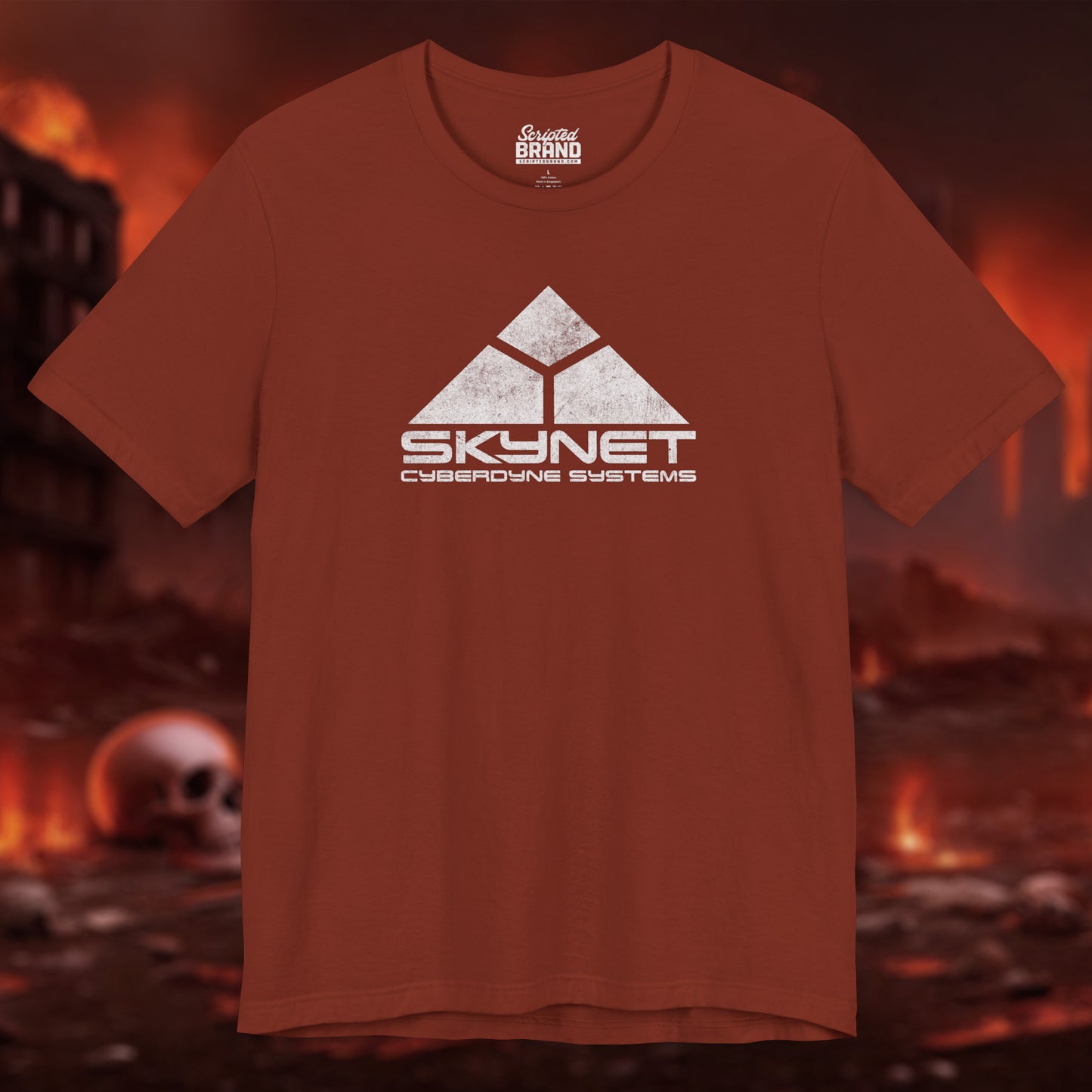 Rust t-shirt featuring the fictional logo Skynet Cyberdyne Systems from the movie The Terminator in a vintage distressed style.