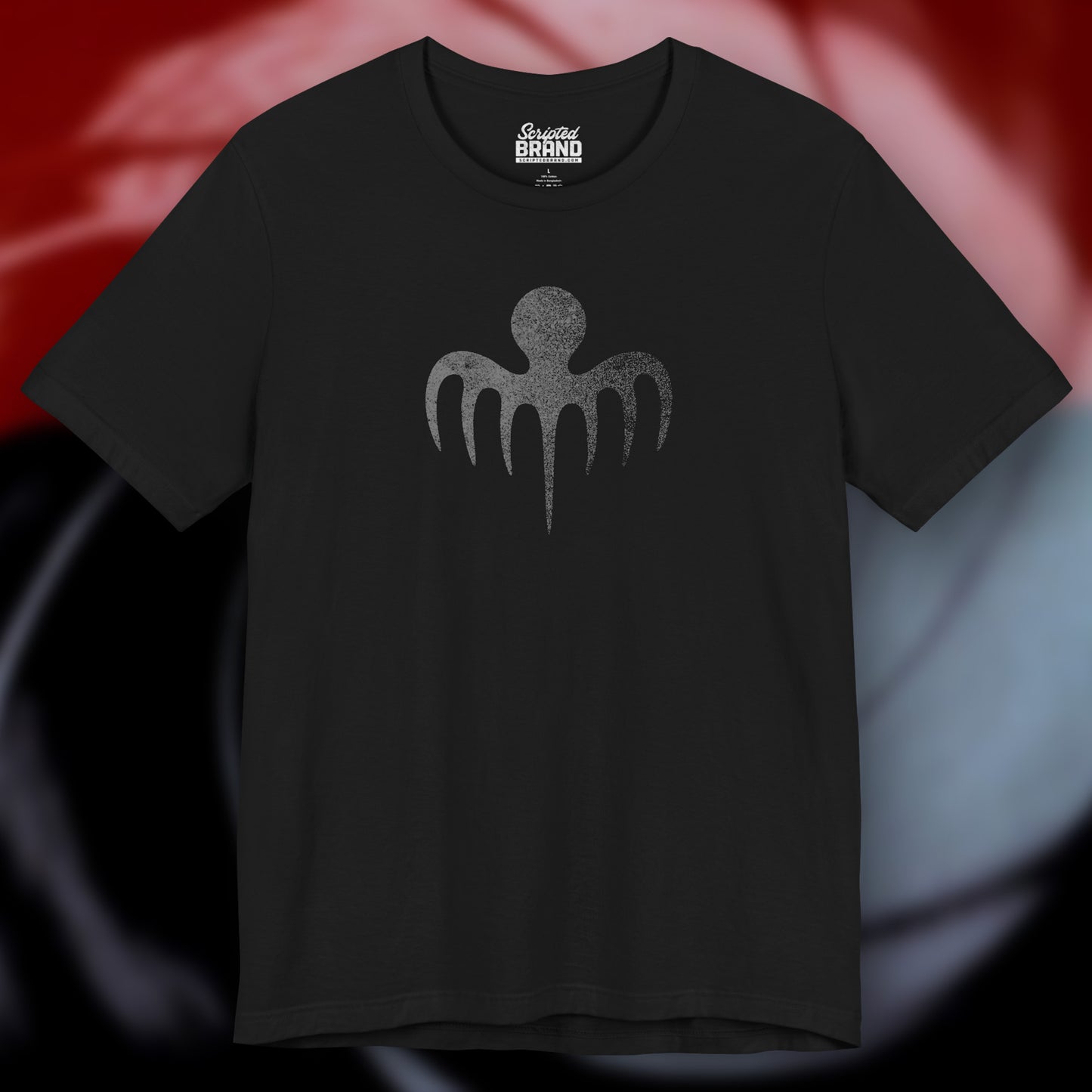 Front view of a black colored soft Bella+Canvas 3001 short-sleeve t-shirt featuring a logo graphic of the fictional criminal organization Spectre, inspired by the James Bond movie franchise, in a vintage distressed style.