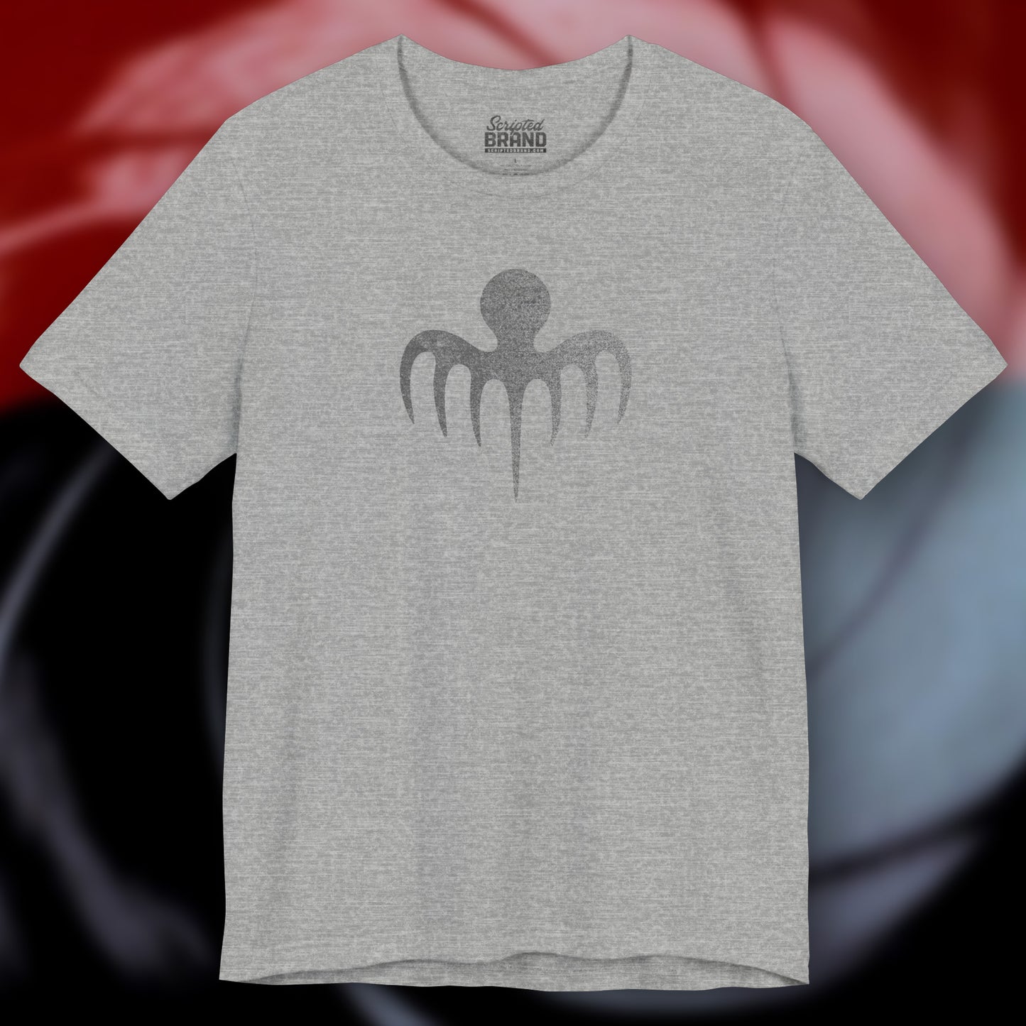 Front view of an athletic heather grey colored soft Bella+Canvas 3001 short-sleeve t-shirt featuring a logo graphic of the fictional criminal organization Spectre, inspired by the James Bond movie franchise, in a vintage distressed style.