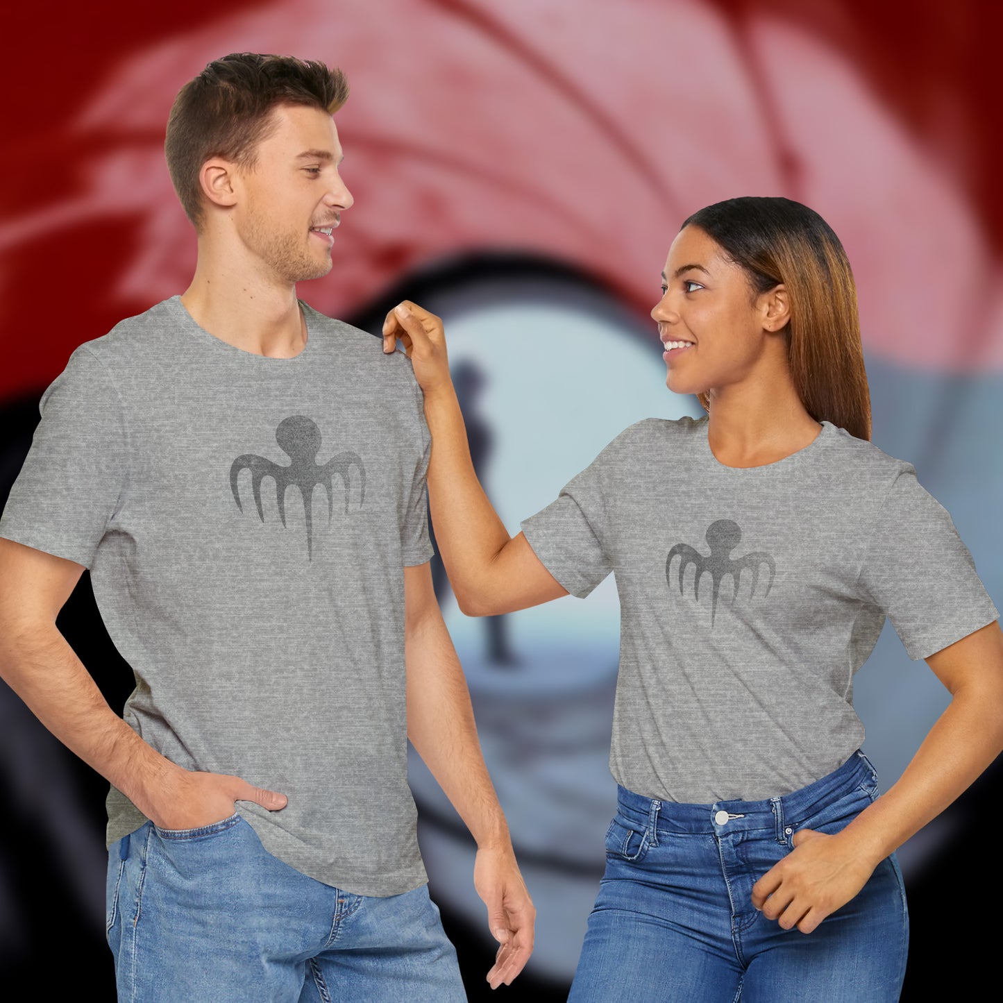 2 models wearing athletic heather grey colored soft Bella+Canvas 3001 short-sleeve t-shirts featuring a logo graphic of the fictional criminal organization Spectre, inspired by the James Bond movie franchise, in a vintage distressed style.