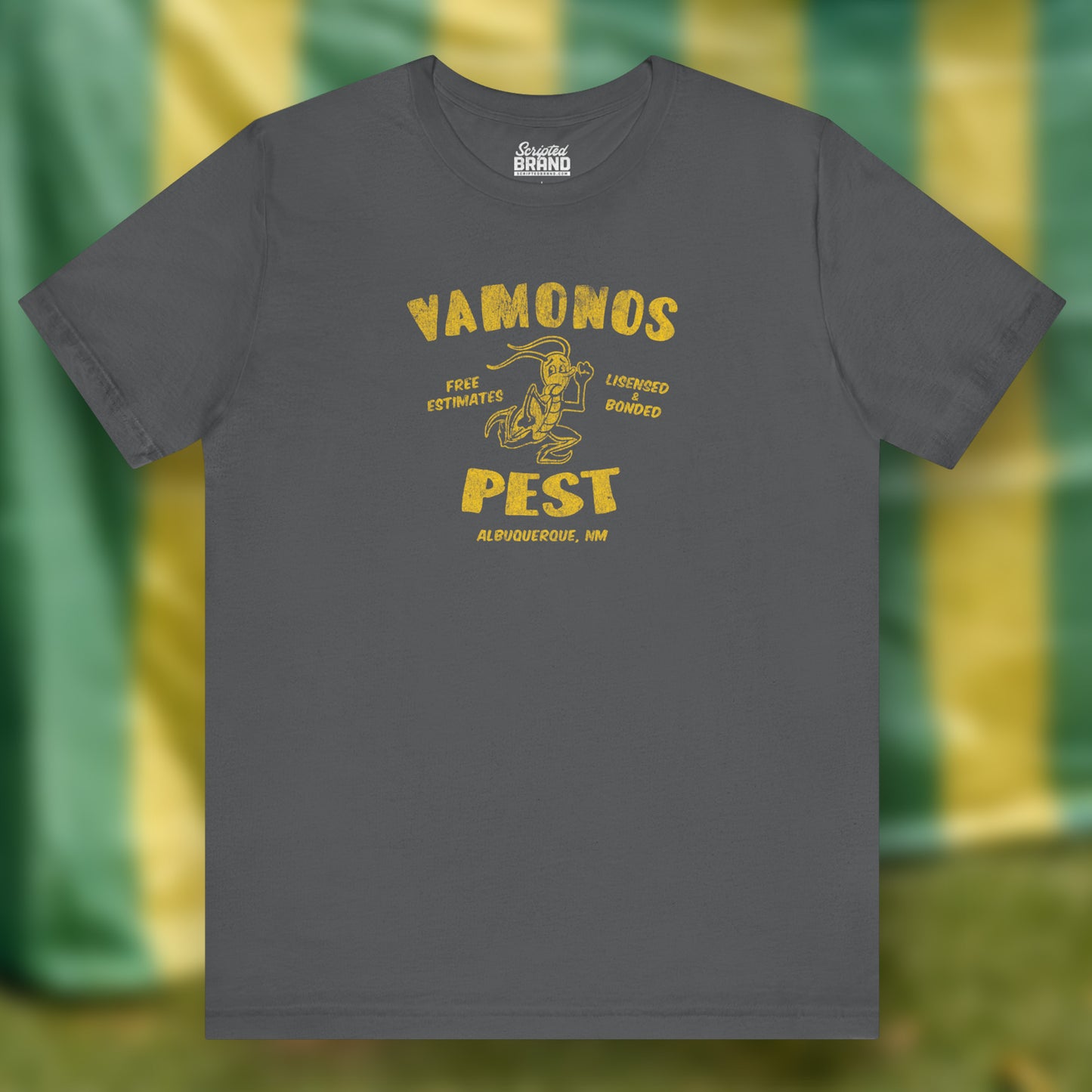 Front view of an asphalt grey colored soft Bella+Canvas 3001 short-sleeve t-shirt featuring the Vamonos Pest Exterminators logo from the TV show Breaking Bad in a vintage distressed style, sold by ScriptedBrand.