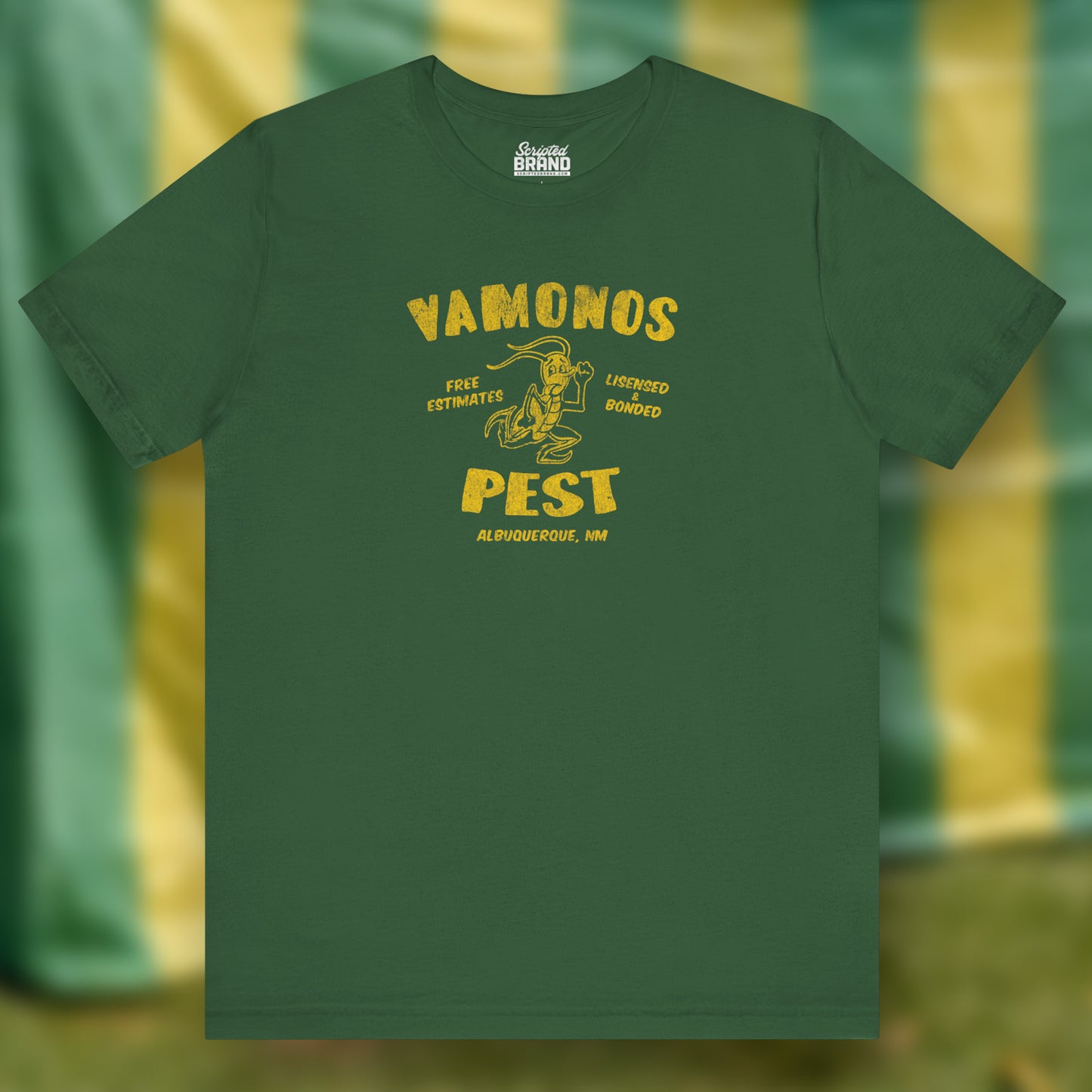 Front view of an evergreen colored soft Bella+Canvas 3001 short-sleeve t-shirt featuring the Vamonos Pest Exterminators logo from the TV show Breaking Bad in a vintage distressed style, sold by ScriptedBrand.
