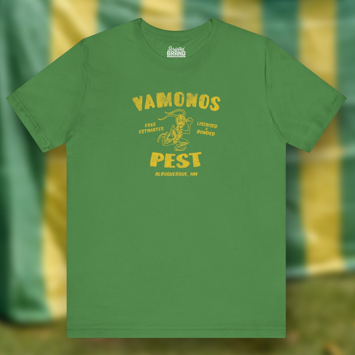 Front view of a leaf green colored soft Bella+Canvas 3001 short-sleeve t-shirt featuring the Vamonos Pest Exterminators logo from the TV show Breaking Bad in a vintage distressed style, sold by ScriptedBrand.