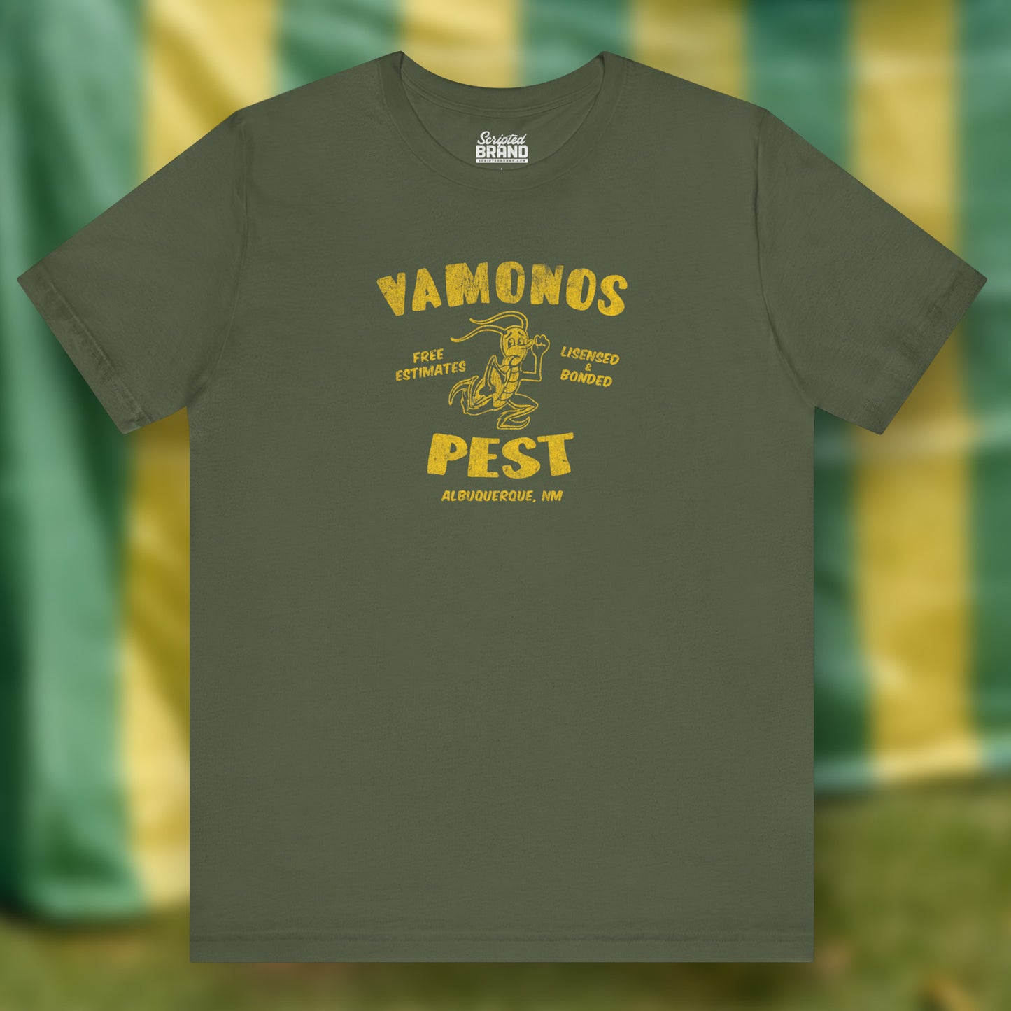 Front view of a military green colored soft Bella+Canvas 3001 short-sleeve t-shirt featuring the Vamonos Pest Exterminators logo from the TV show Breaking Bad in a vintage distressed style, sold by ScriptedBrand.