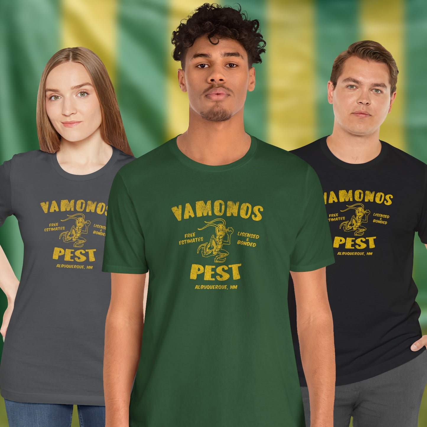 3 models wearing soft Bella+Canvas 3001 short-sleeve t-shirts featuring the Vamonos Pest Exterminators logo from the TV show Breaking Bad in a vintage distressed style, sold by ScriptedBrand.