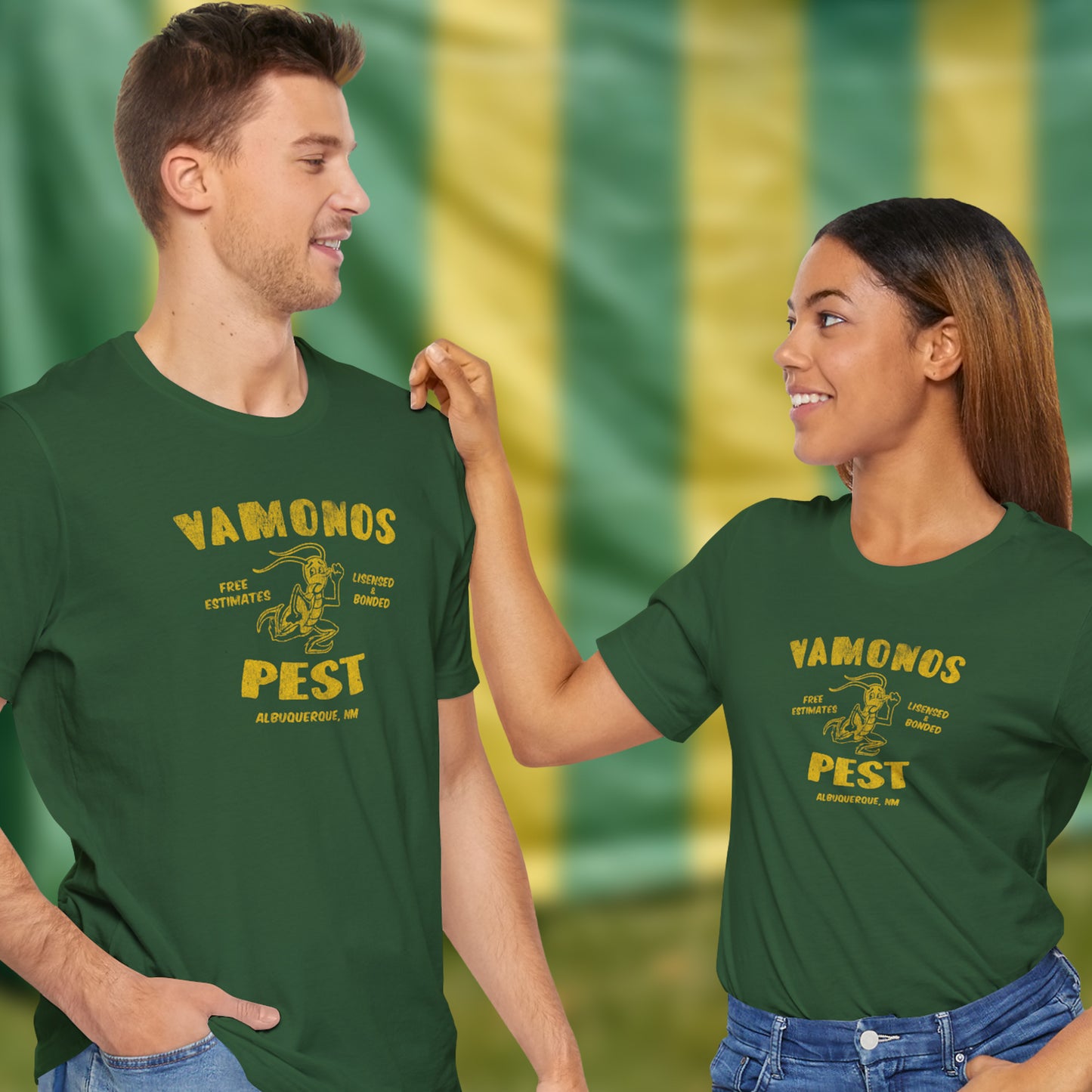 2 models wearing evergreen colored soft Bella+Canvas 3001 short-sleeve t-shirts featuring the Vamonos Pest Exterminators logo from the TV show Breaking Bad in a vintage distressed style, sold by ScriptedBrand.