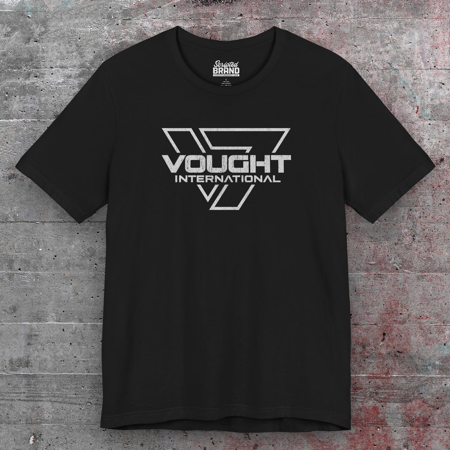 Front view of a black soft Bella+Canvas 3001 short-sleeve t-shirt featuring the logo graphic of the fictional company Vought International inspired by the TV show The Boys in a vintage distressed style, sold by ScriptedBrand.