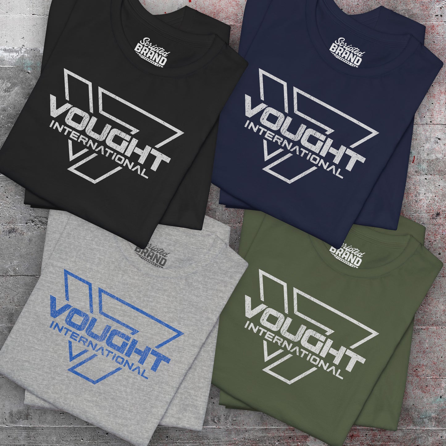 Group of 4 folded soft Bella+Canvas 3001 short-sleeve t-shirts featuring the logo graphic of the fictional company Vought International inspired by the TV show The Boys in a vintage distressed style, sold by ScriptedBrand.