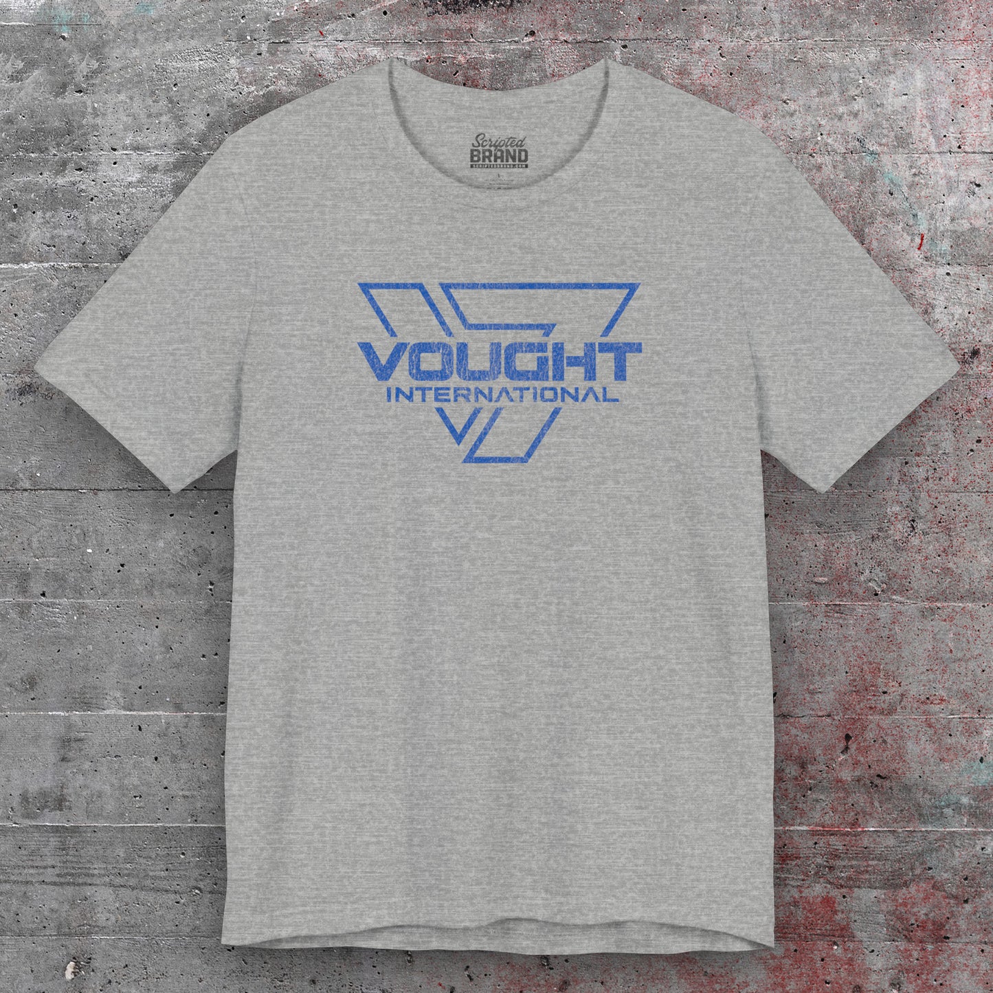 Front view of an athletic heather grey soft Bella+Canvas 3001 short-sleeve t-shirt featuring the logo graphic of the fictional company Vought International inspired by the TV show The Boys in a vintage distressed style, sold by ScriptedBrand.