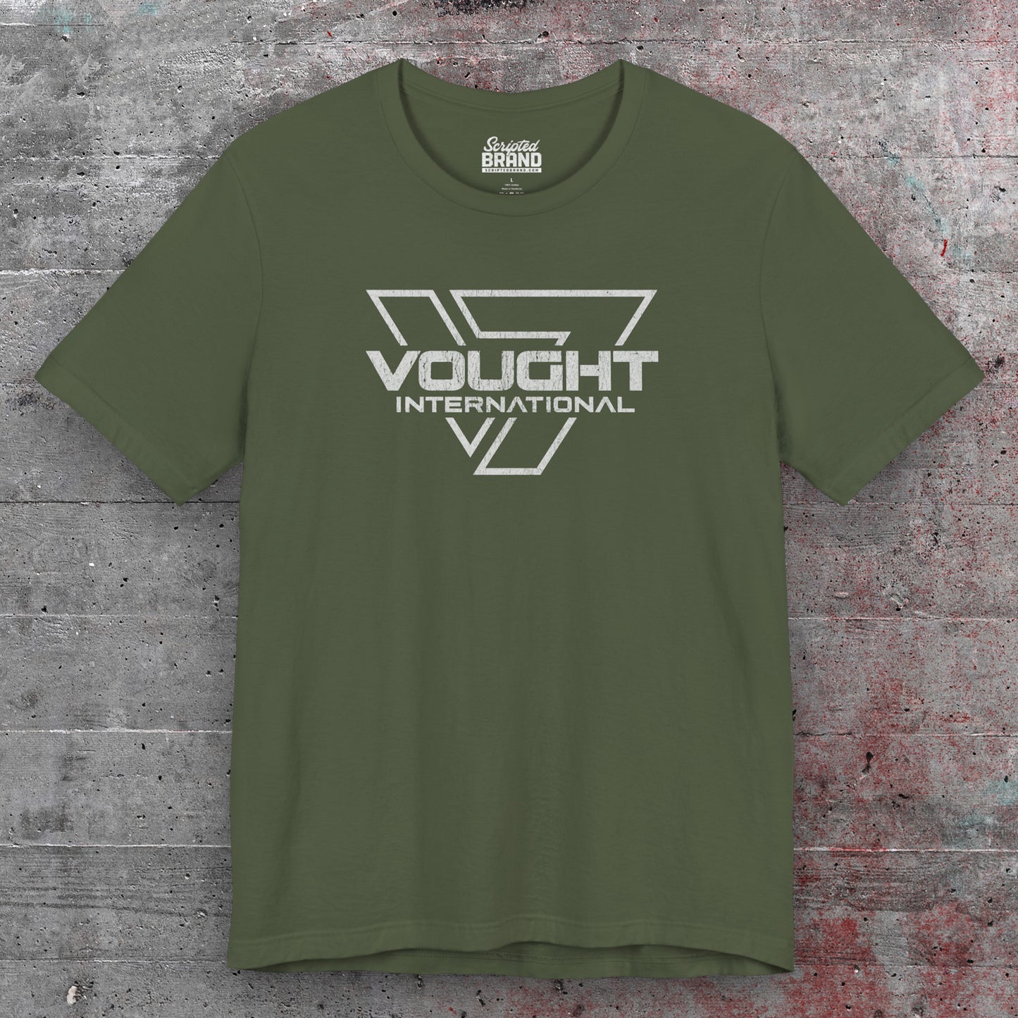 Front view of a military green soft Bella+Canvas 3001 short-sleeve t-shirt featuring the logo graphic of the fictional company Vought International inspired by the TV show The Boys in a vintage distressed style, sold by ScriptedBrand.