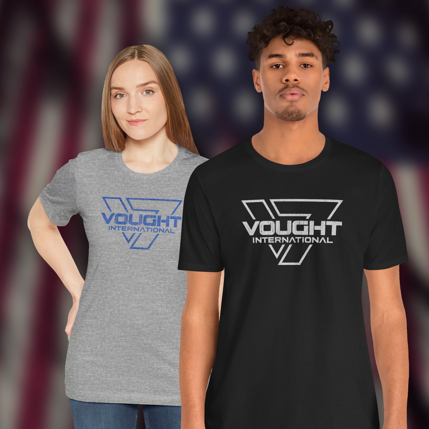 2 models wearing soft Bella+Canvas 3001 short-sleeve t-shirts featuring the logo graphic of the fictional company Vought International inspired by the TV show The Boys in a vintage distressed style, sold by ScriptedBrand.