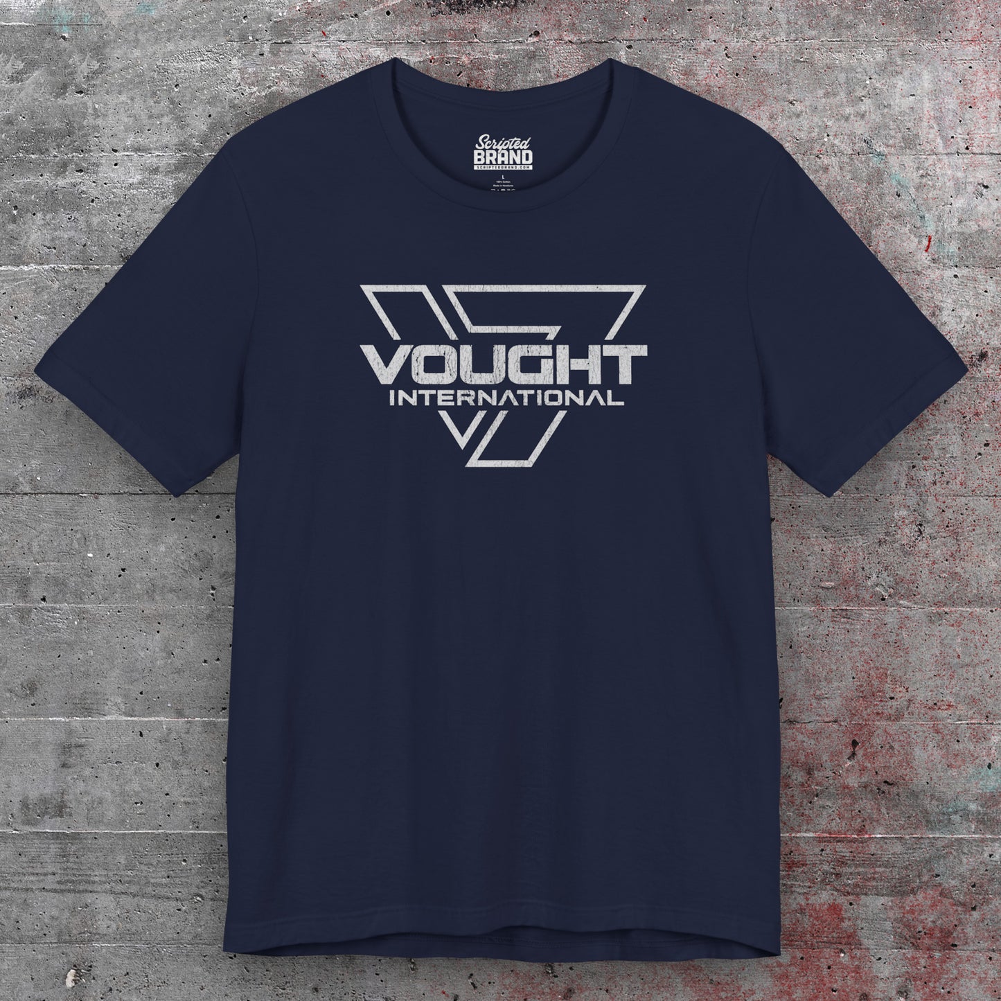 Front view of a navy blue soft Bella+Canvas 3001 short-sleeve t-shirt featuring the logo graphic of the fictional company Vought International inspired by the TV show The Boys in a vintage distressed style, sold by ScriptedBrand.