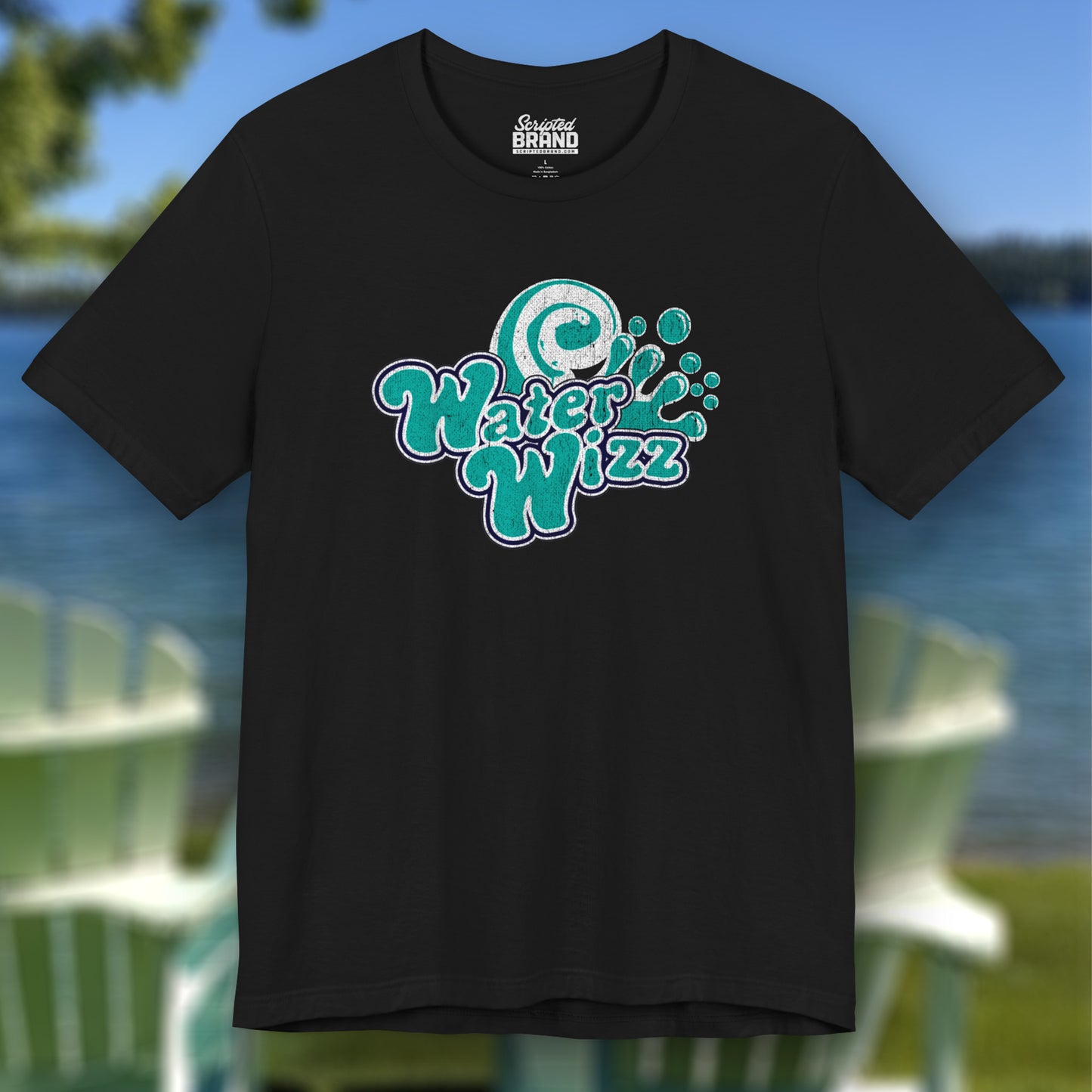 Front view of a black Soft short-sleeve t-shirts featuring the Water Wizz logo graphic from the movie Grown Ups in a vintage distressed style.