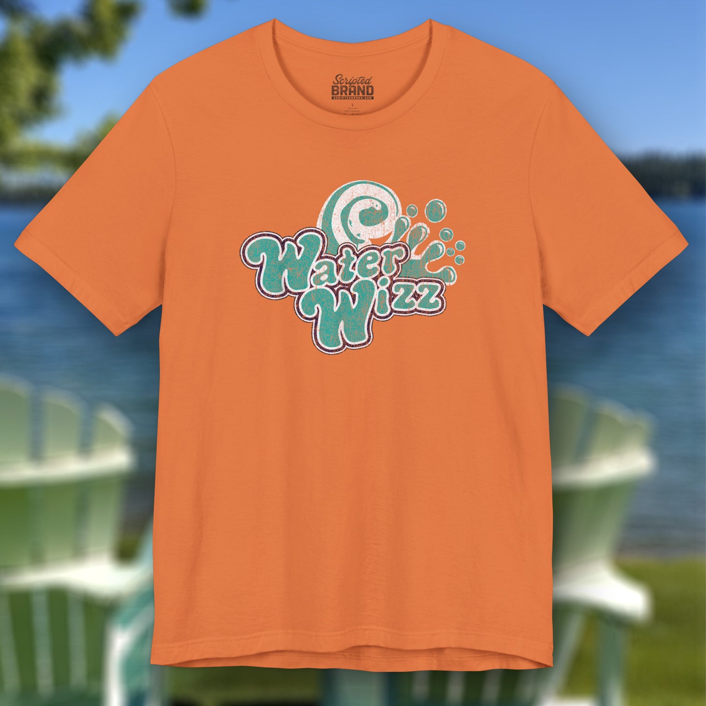 Front view of a burnt orange Soft short-sleeve t-shirts featuring the Water Wizz logo graphic from the movie Grown Ups in a vintage distressed style.