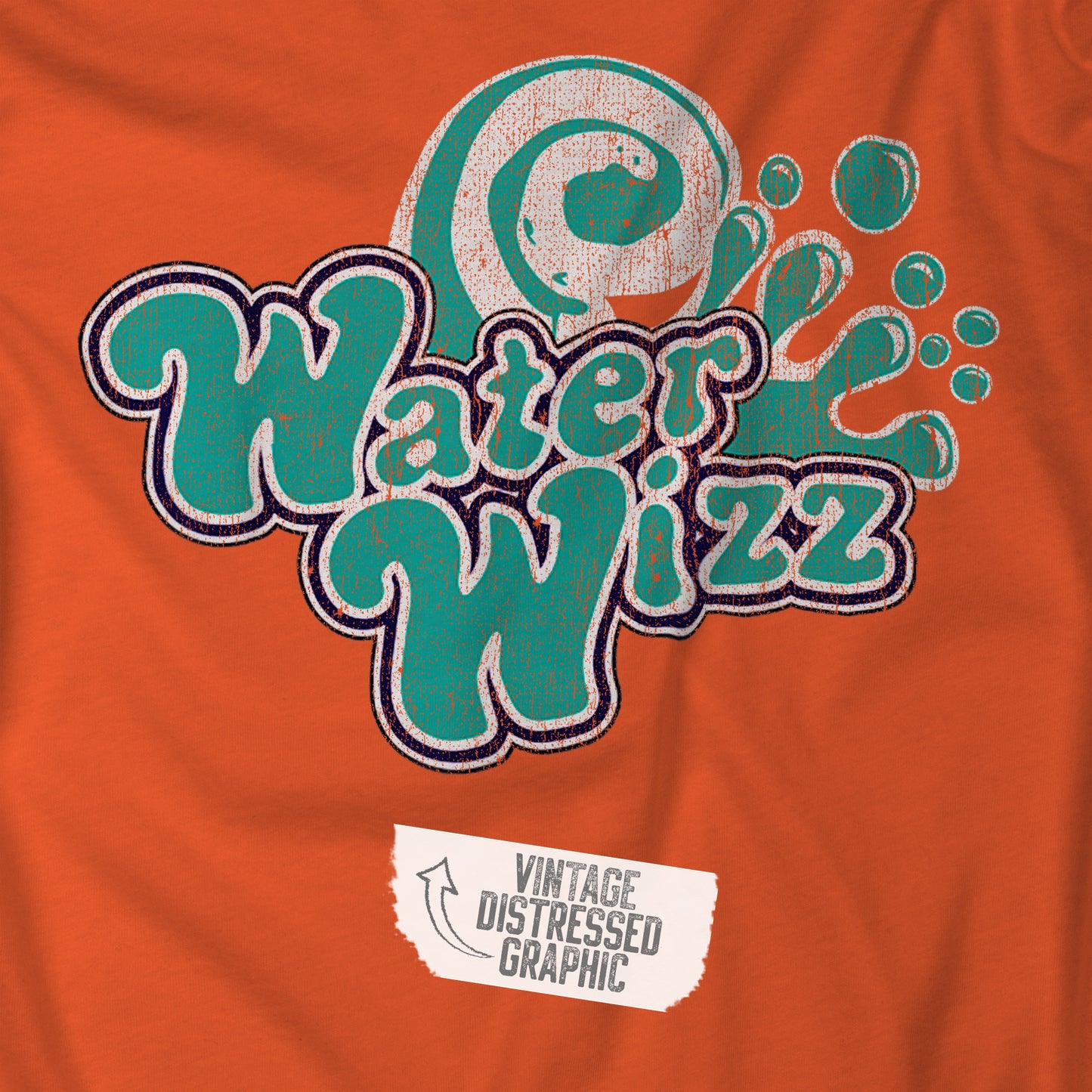 Closeup of an orange Soft short-sleeve t-shirt featuring the Water Wizz logo graphic from the movie Grown Ups in a vintage distressed style.