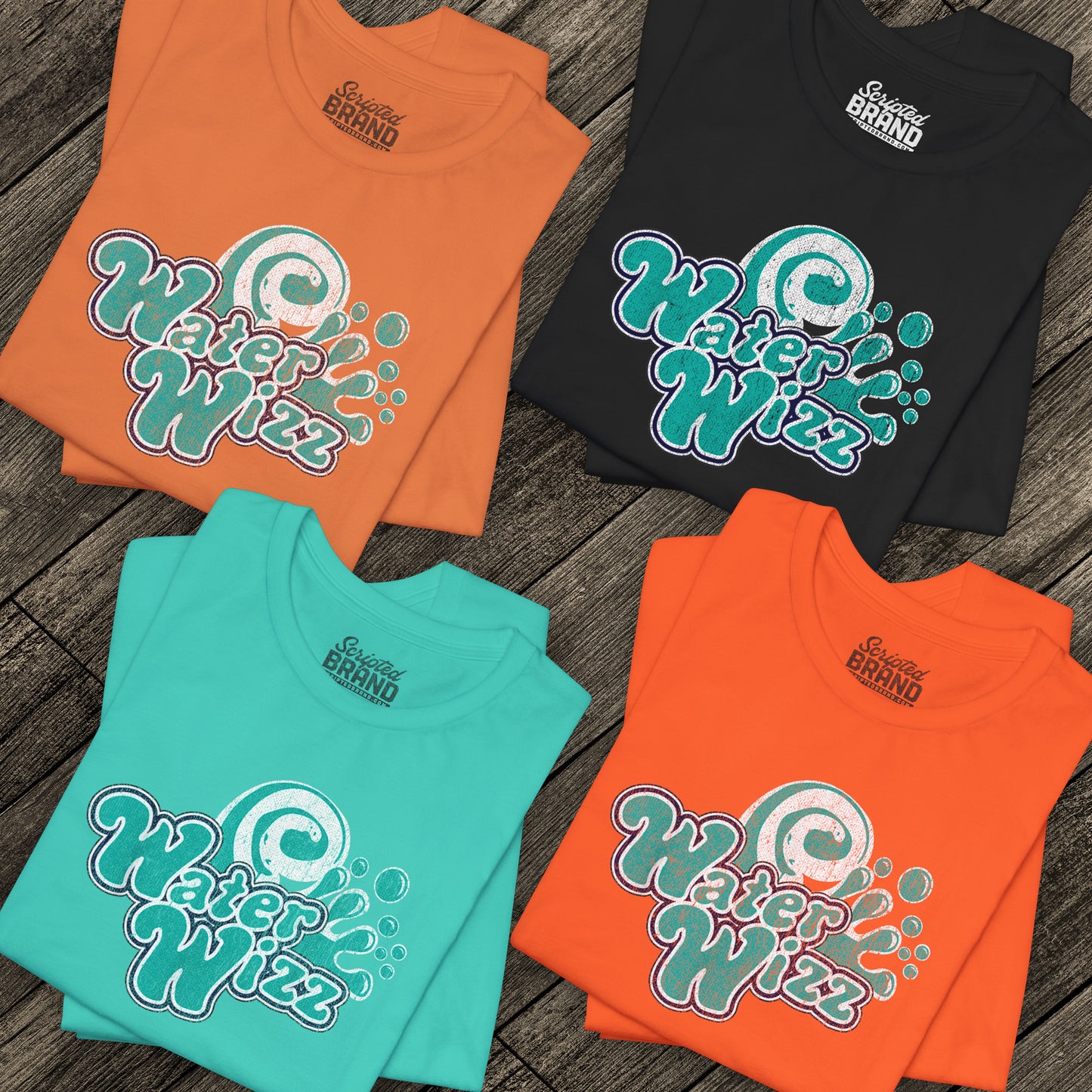 Group of 4 folded Soft short-sleeve t-shirts featuring the Water Wizz logo graphic from the movie Grown Ups in a vintage distressed style.