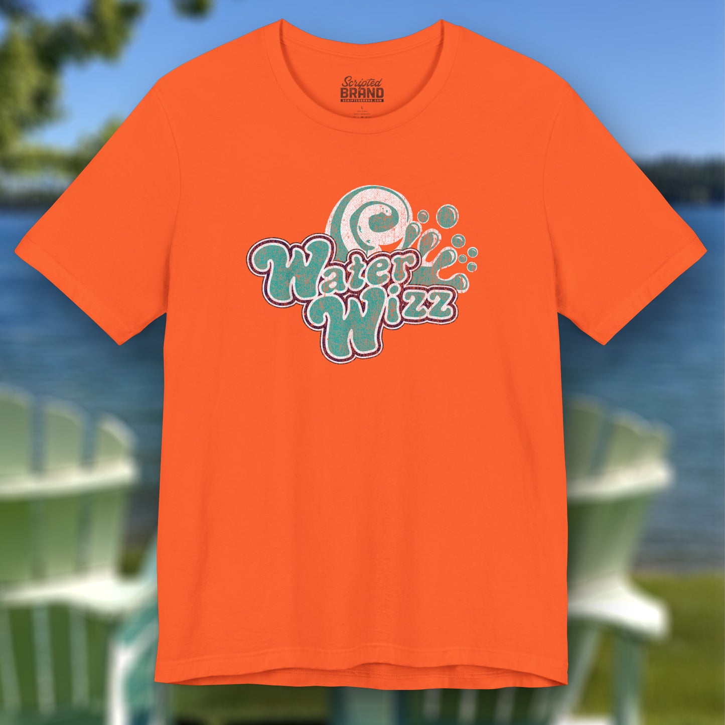 Front view of an orange Soft short-sleeve t-shirts featuring the Water Wizz logo graphic from the movie Grown Ups in a vintage distressed style.