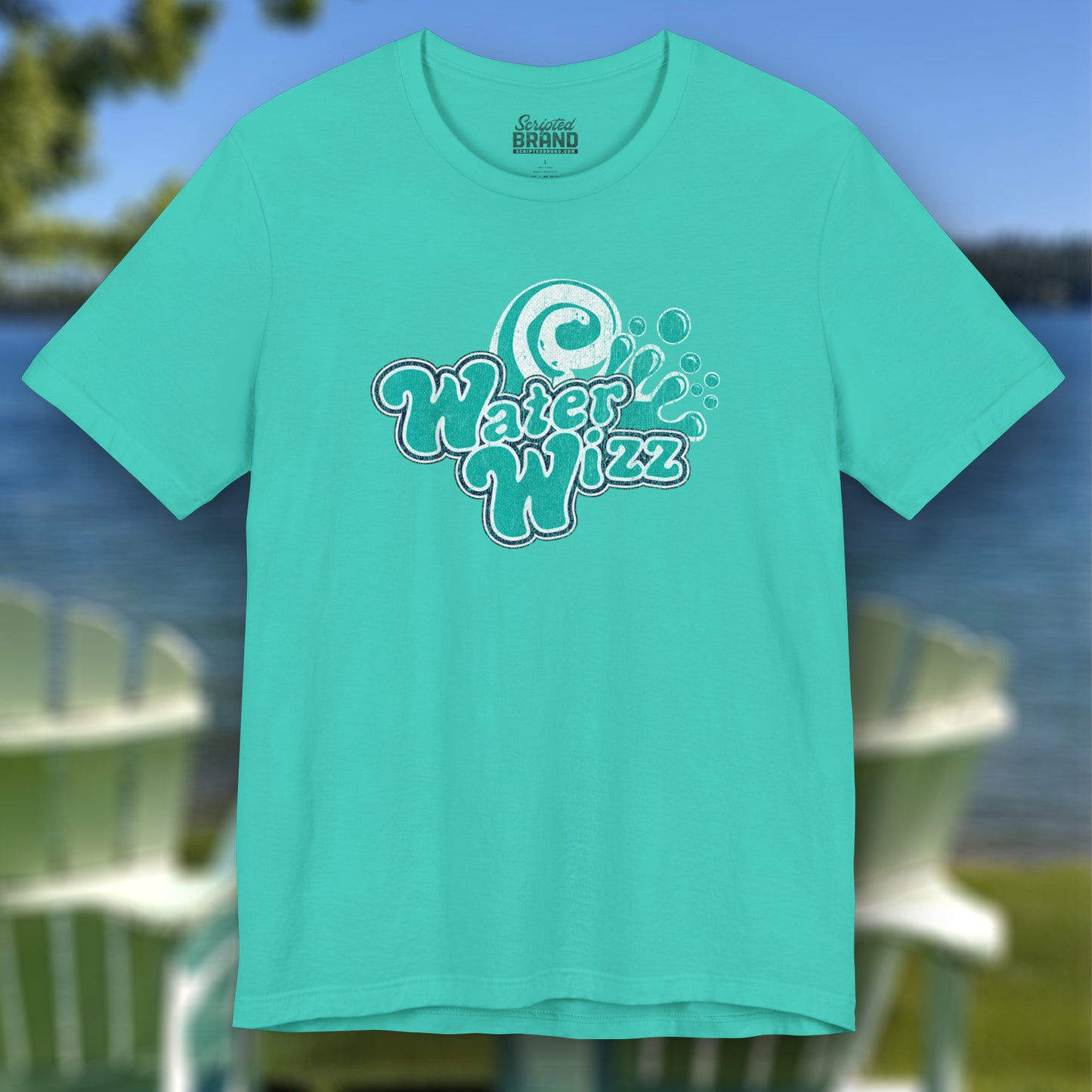 Front view of a teal Soft short-sleeve t-shirts featuring the Water Wizz logo graphic from the movie Grown Ups in a vintage distressed style.