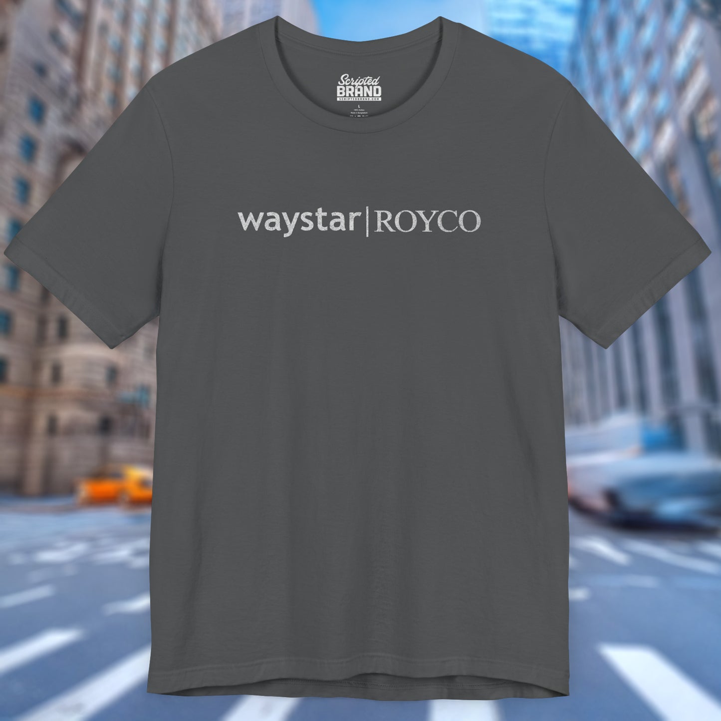 Front view of an asphalt grey colored soft Bella+Canvas 3001 short-sleeve t-shirt featuring the Waystar Royco logo from the TV show Succession in a vintage distressed style, sold by ScriptedBrand.