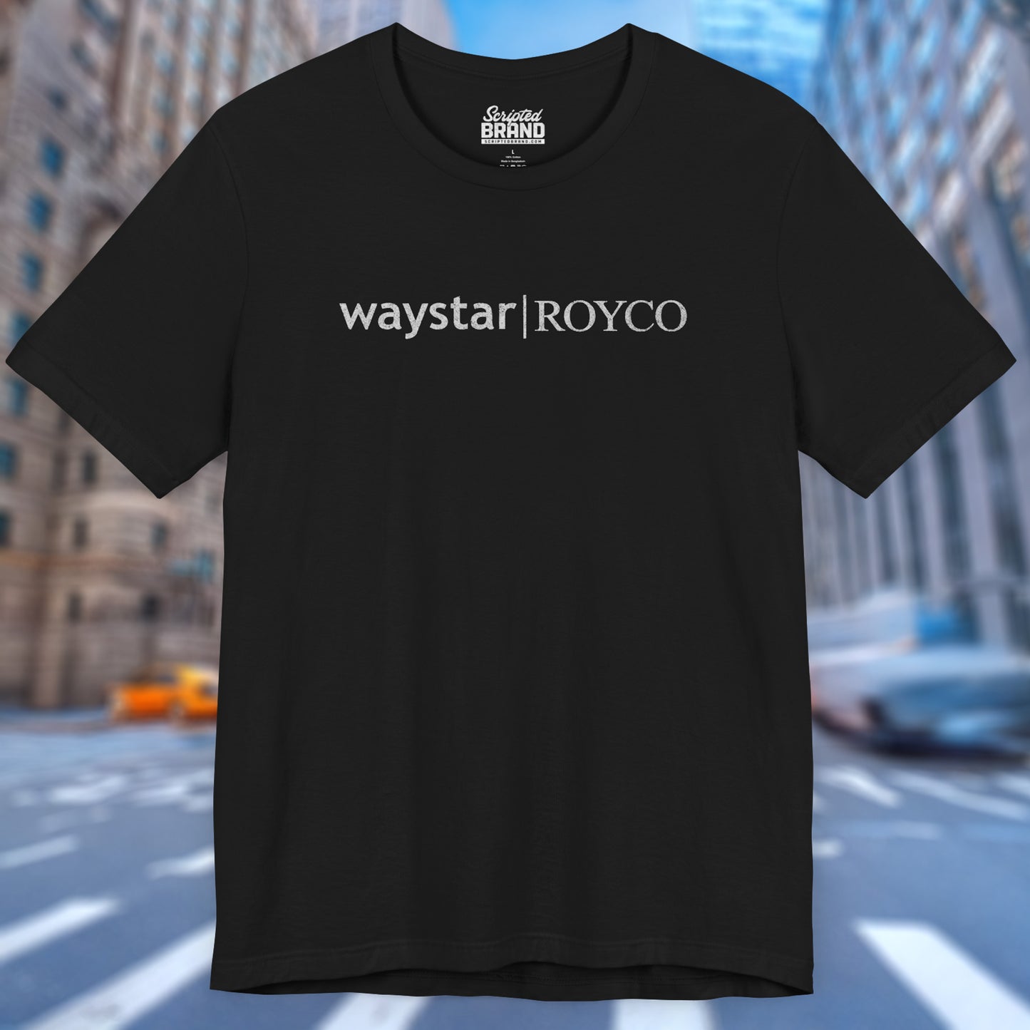 Front view of a black colored soft Bella+Canvas 3001 short-sleeve t-shirt featuring the Waystar Royco logo from the TV show Succession in a vintage distressed style, sold by ScriptedBrand.