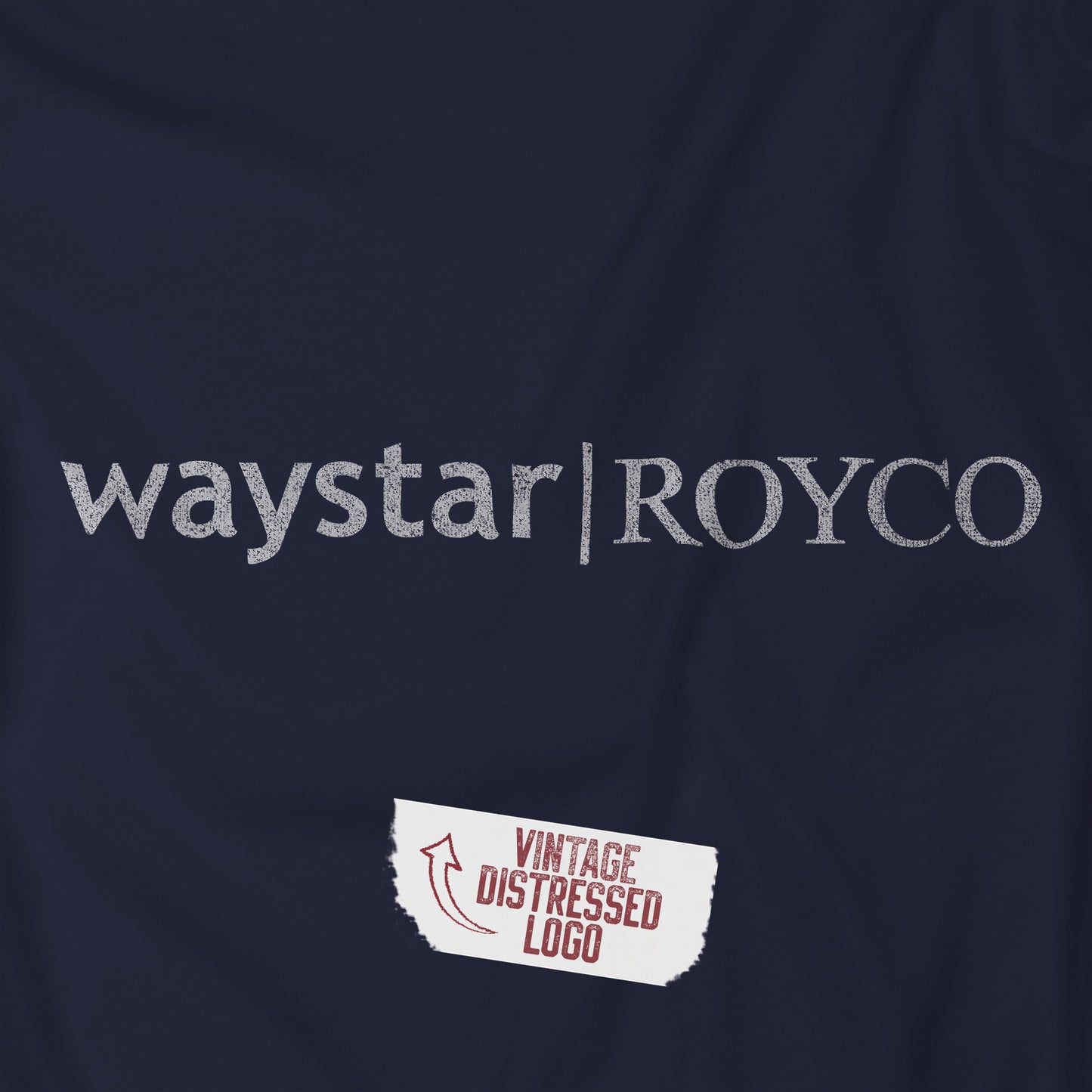 Closeup view of a navy blue colored soft Bella+Canvas 3001 short-sleeve t-shirt featuring the Waystar Royco logo from the TV show Succession in a vintage distressed style, sold by ScriptedBrand.