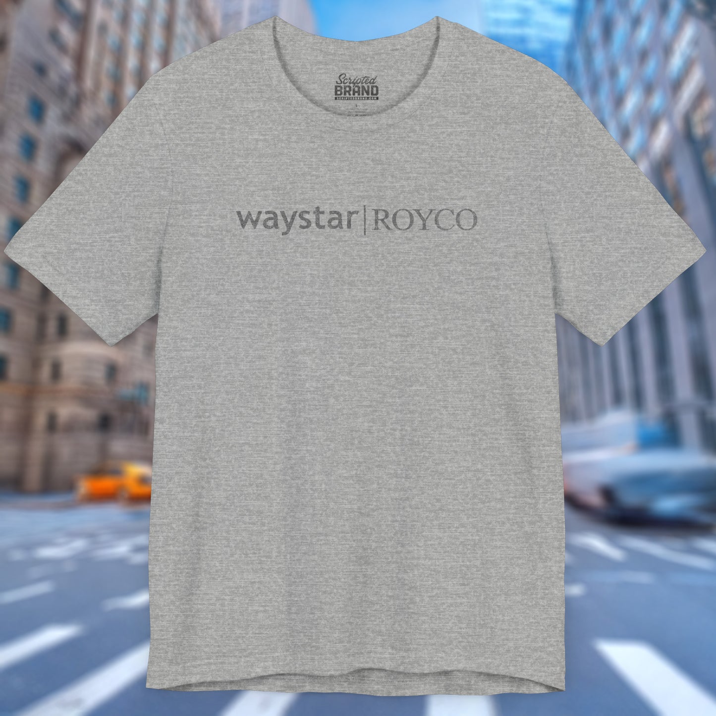 Front view of an athletic heather grey colored soft Bella+Canvas 3001 short-sleeve t-shirt featuring the Waystar Royco logo from the TV show Succession in a vintage distressed style, sold by ScriptedBrand.