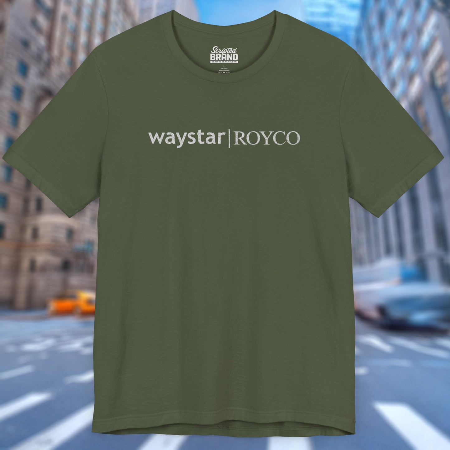 Front view of a military green colored soft Bella+Canvas 3001 short-sleeve t-shirt featuring the Waystar Royco logo from the TV show Succession in a vintage distressed style, sold by ScriptedBrand.