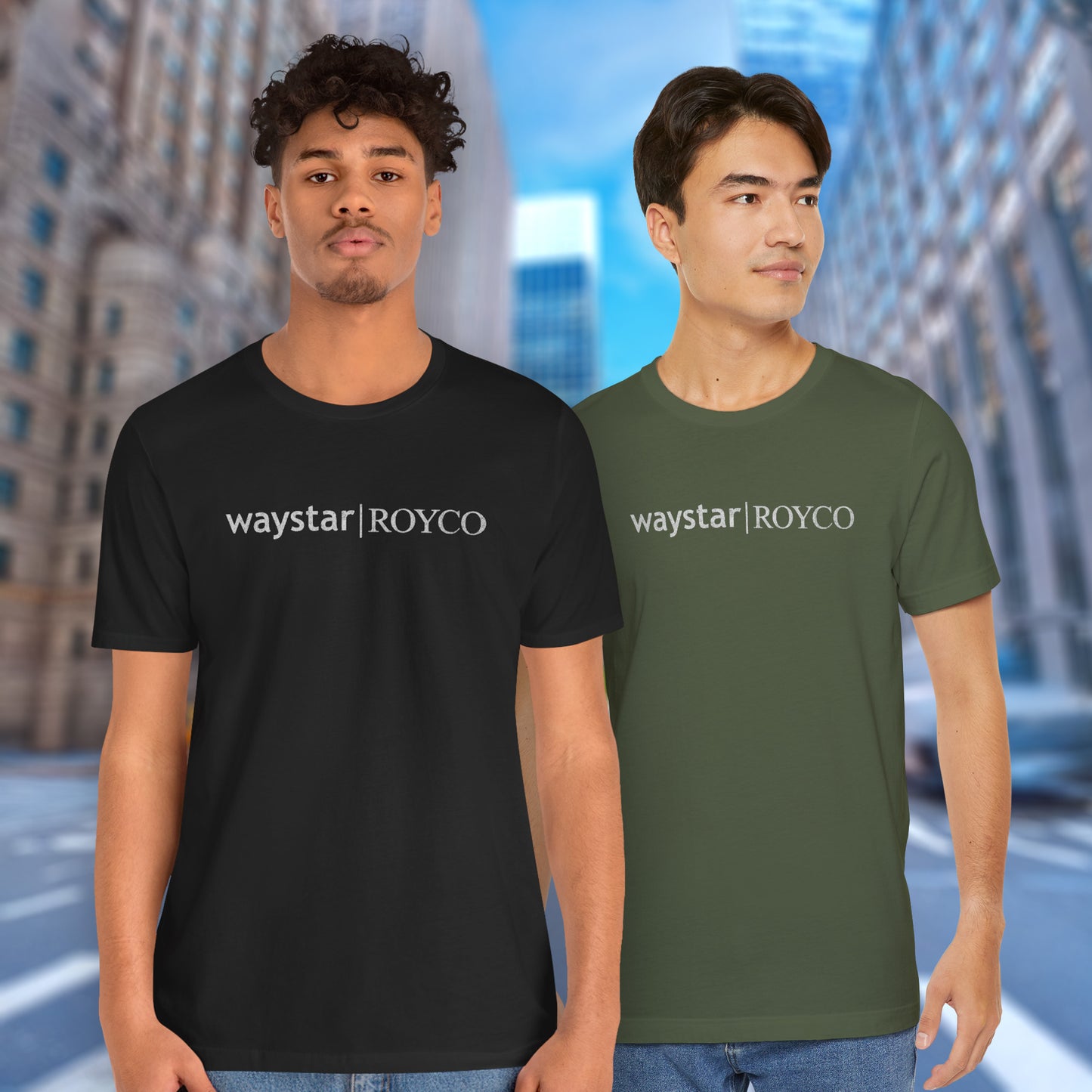 2 male models wearing soft Bella+Canvas 3001 short-sleeve t-shirts featuring the Waystar Royco logo from the TV show Succession in a vintage distressed style, sold by ScriptedBrand.