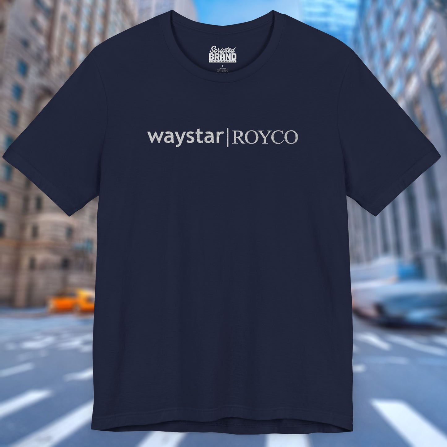 Front view of a navy blue colored soft Bella+Canvas 3001 short-sleeve t-shirt featuring the Waystar Royco logo from the TV show Succession in a vintage distressed style, sold by ScriptedBrand.