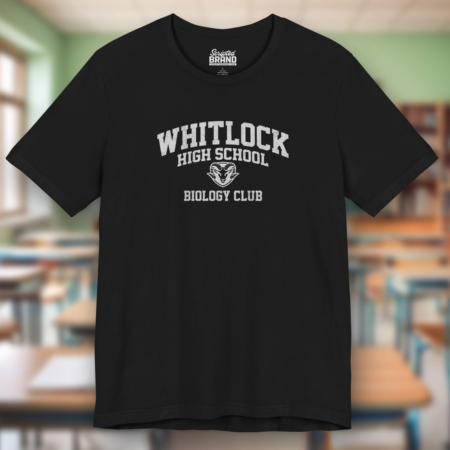 Black t-shirt featuring gold Whitlock High School Rams logo graphic inspired by the TV show AP Bio in a vintage style.