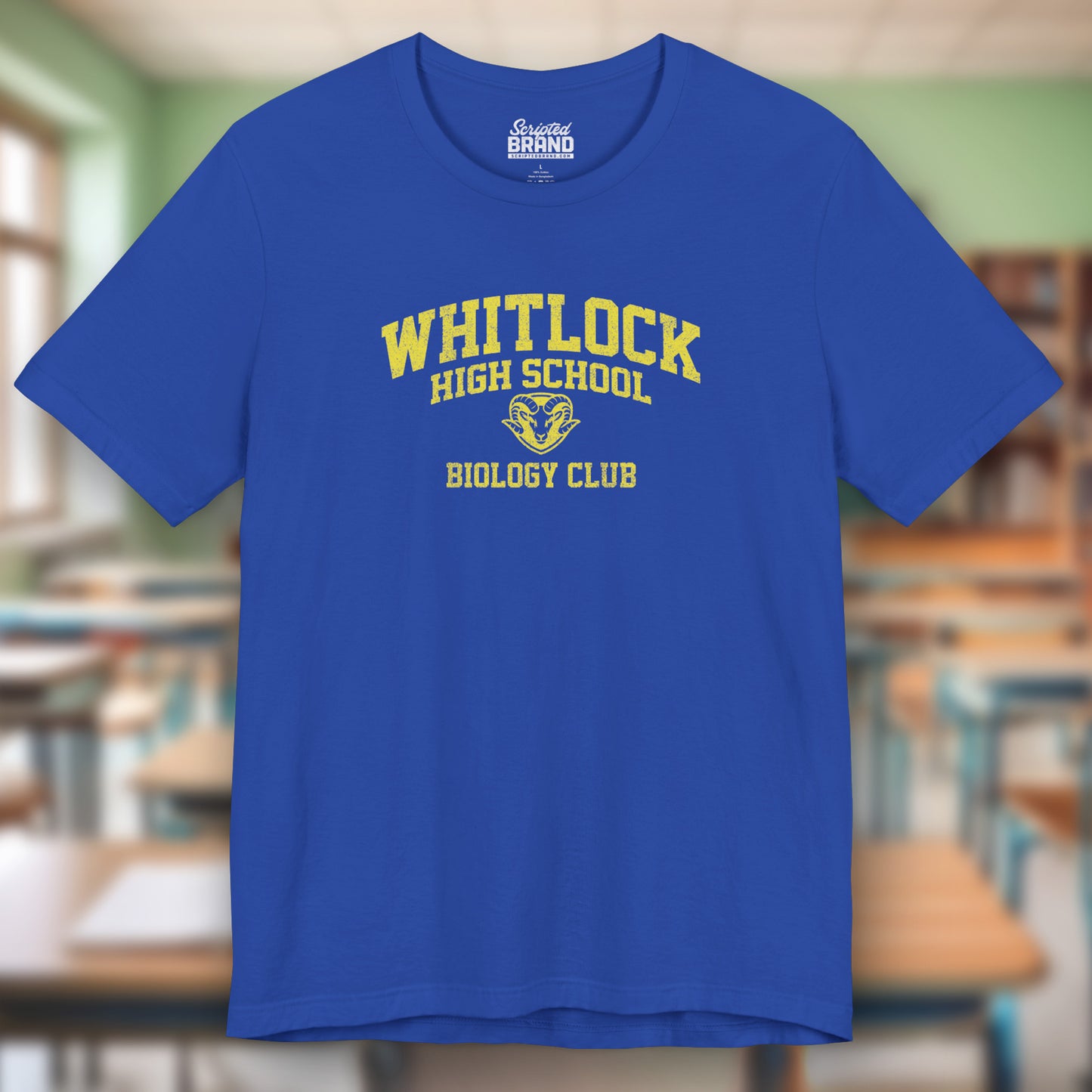 Blue t-shirt featuring gold Whitlock High School Rams logo graphic inspired by the TV show AP Bio in a vintage style.