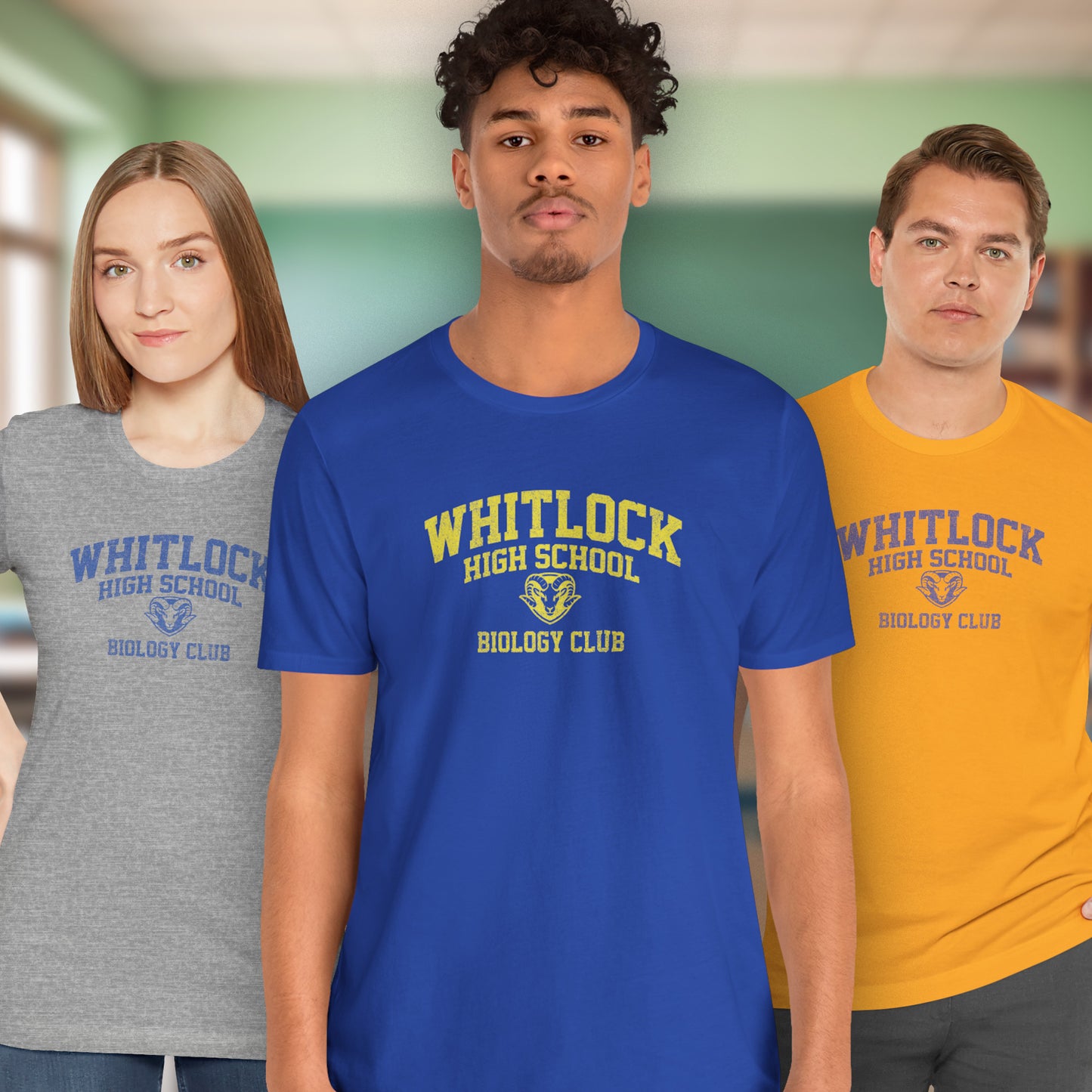 Three people wearing t-shirts featuring gold Whitlock High School Rams logo graphic inspired by the TV show AP Bio in a vintage style.