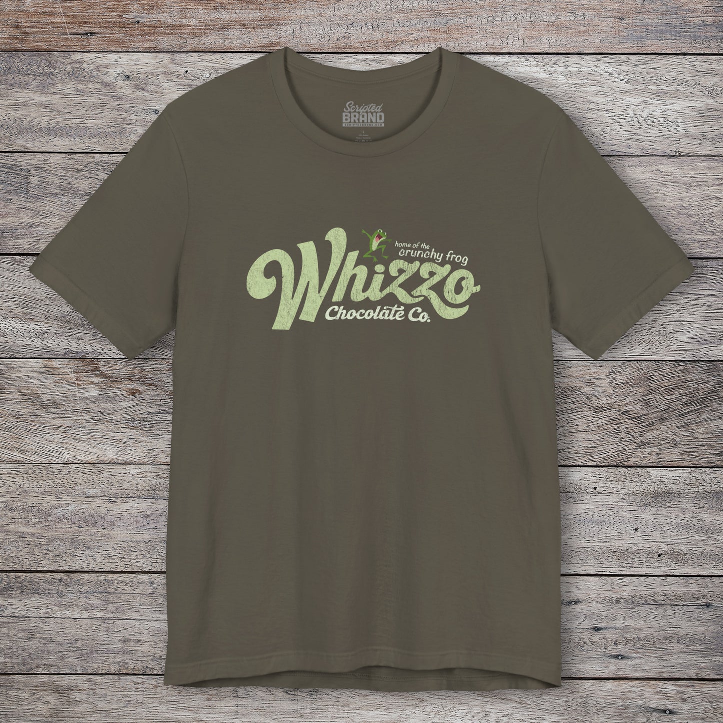 Army Green t-shirt with vintage Whizzo Chocolate Co. logo, inspired by Monty Python, featuring “home of the crunchy frog” graphic.