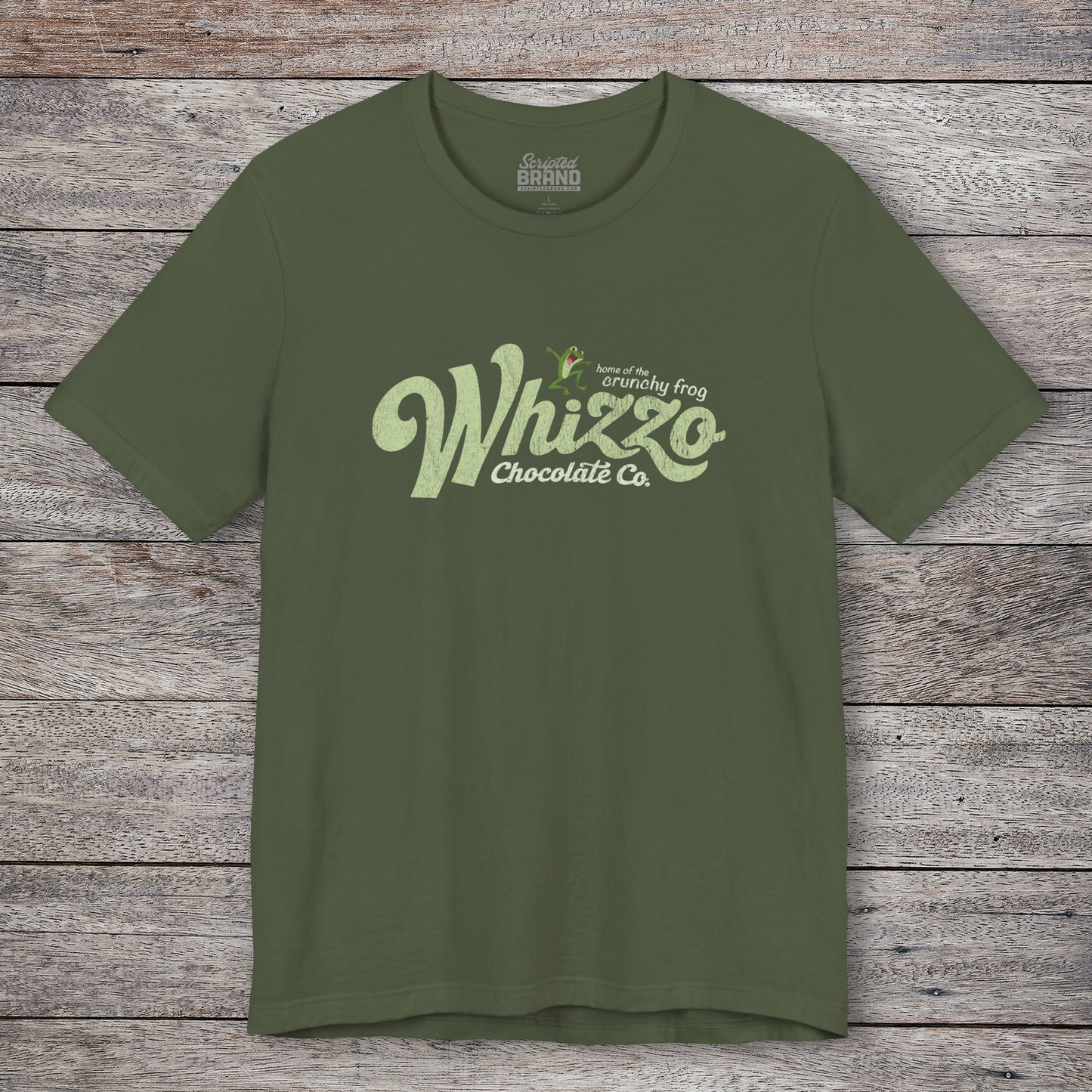 Military Green t-shirt with vintage Whizzo Chocolate Co. logo, inspired by Monty Python, featuring “home of the crunchy frog” graphic.