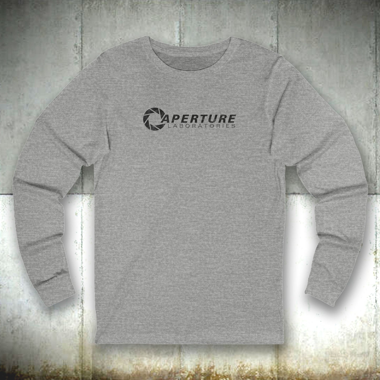 Front view of an athletic heather gray colored soft long-sleeve t-shirt featuring the Aperture Laboratories logo from the video game Portal and Portal 2 in a vintage distressed style, sold by ScriptedBrand.