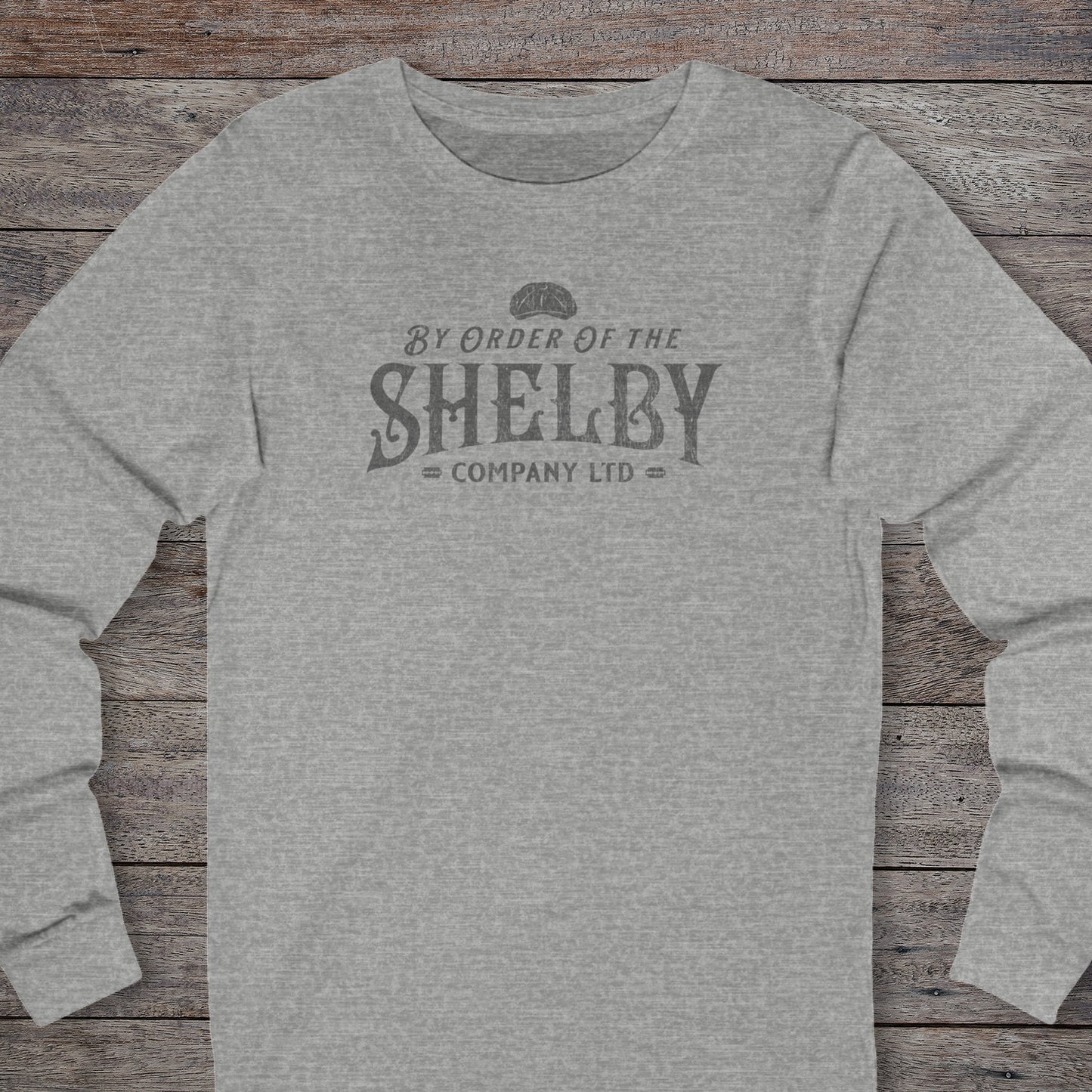 Front view of an athletic heather grey Shelby Company Ltd long-sleeve tee with vintage logo from Peaky Blinders.